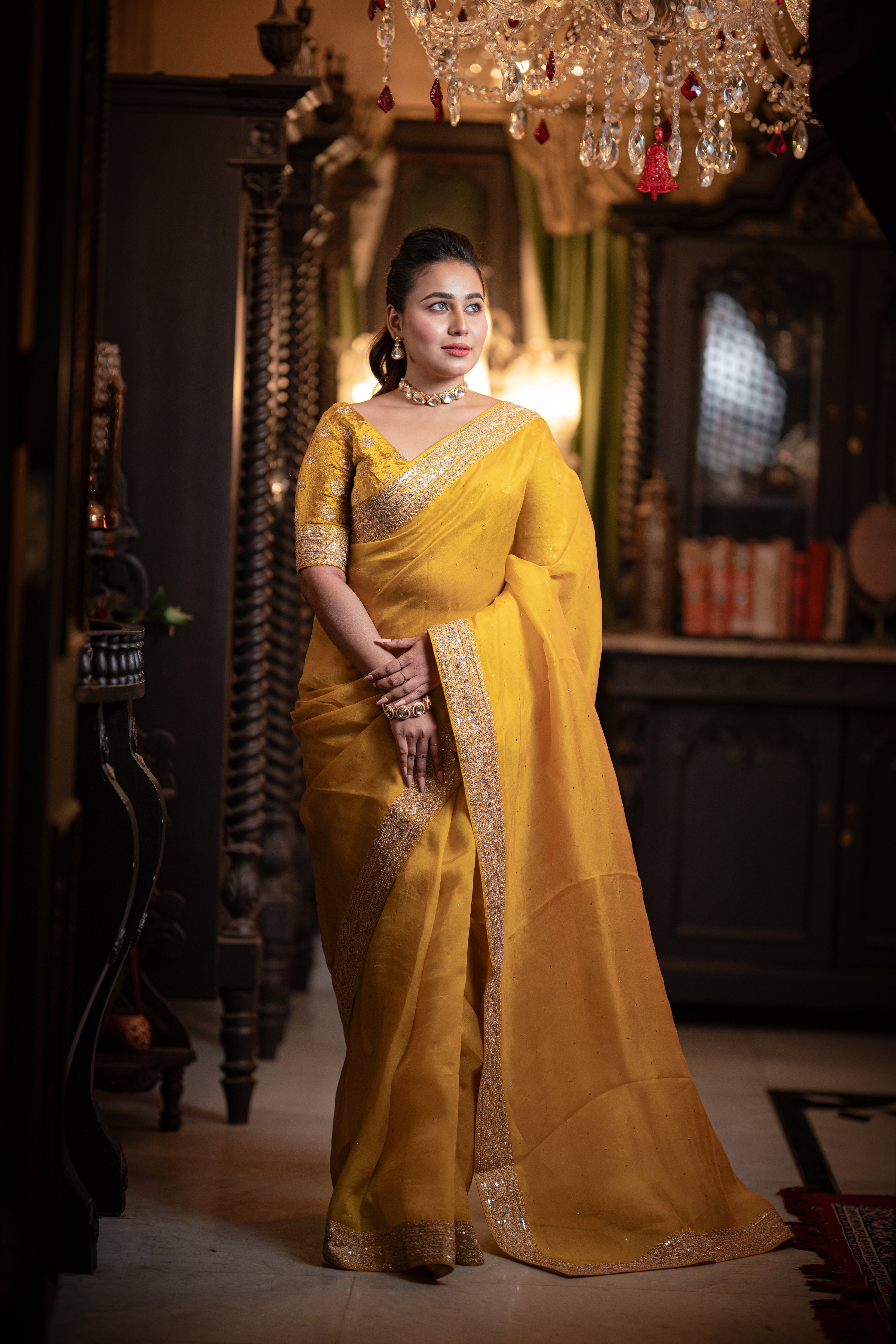 Radiant Yellow Organza Saree with Sequins and Zardosi Border - Mokshaa