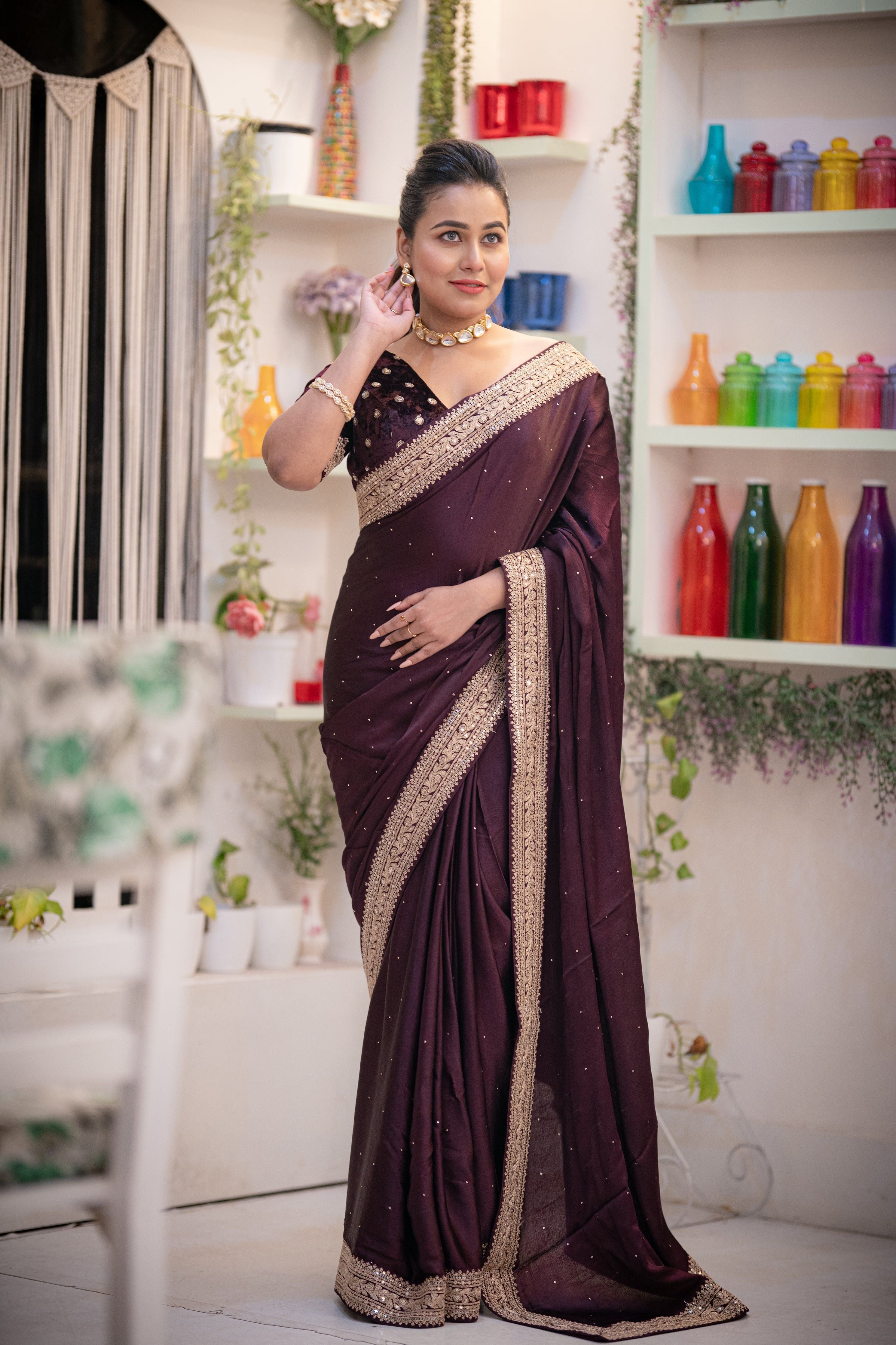 Rich Burgundy Satin Saree with Zardosi and Sequins Motif Blouse - Mokshaa