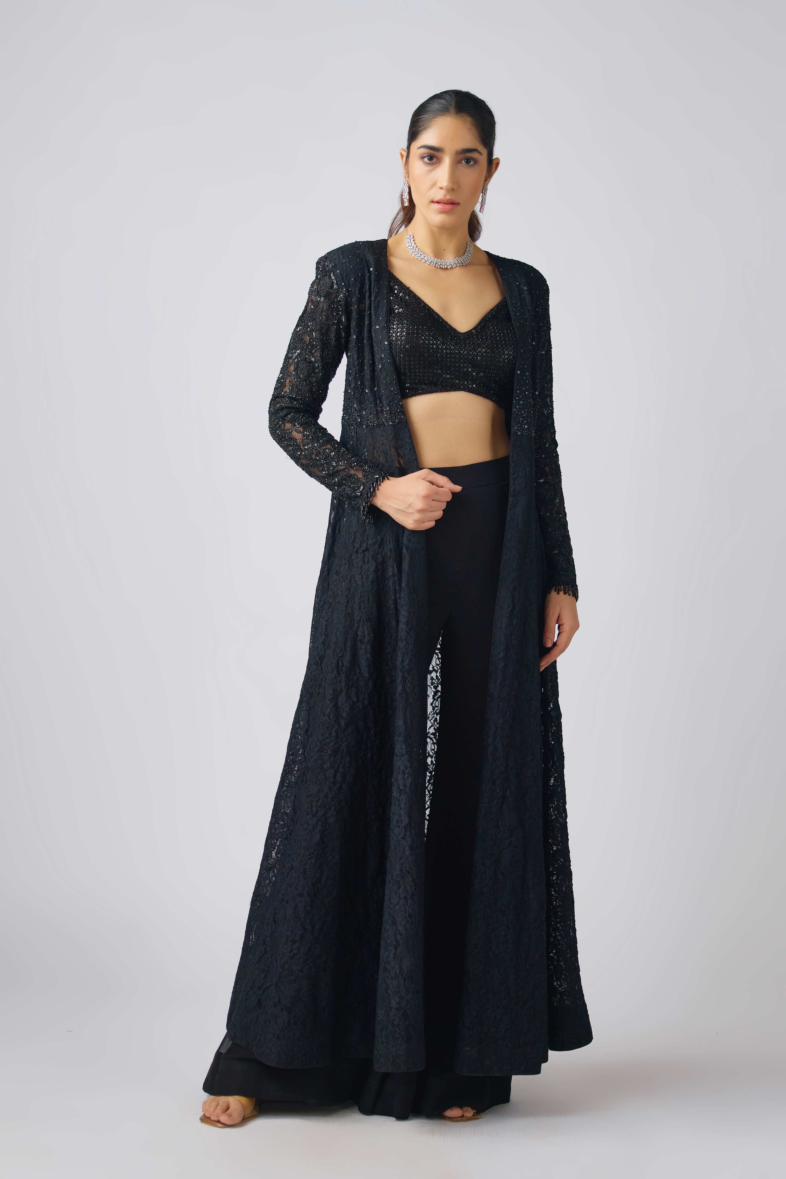 Black Georgette Embroidered Cape Set  Mokshaa