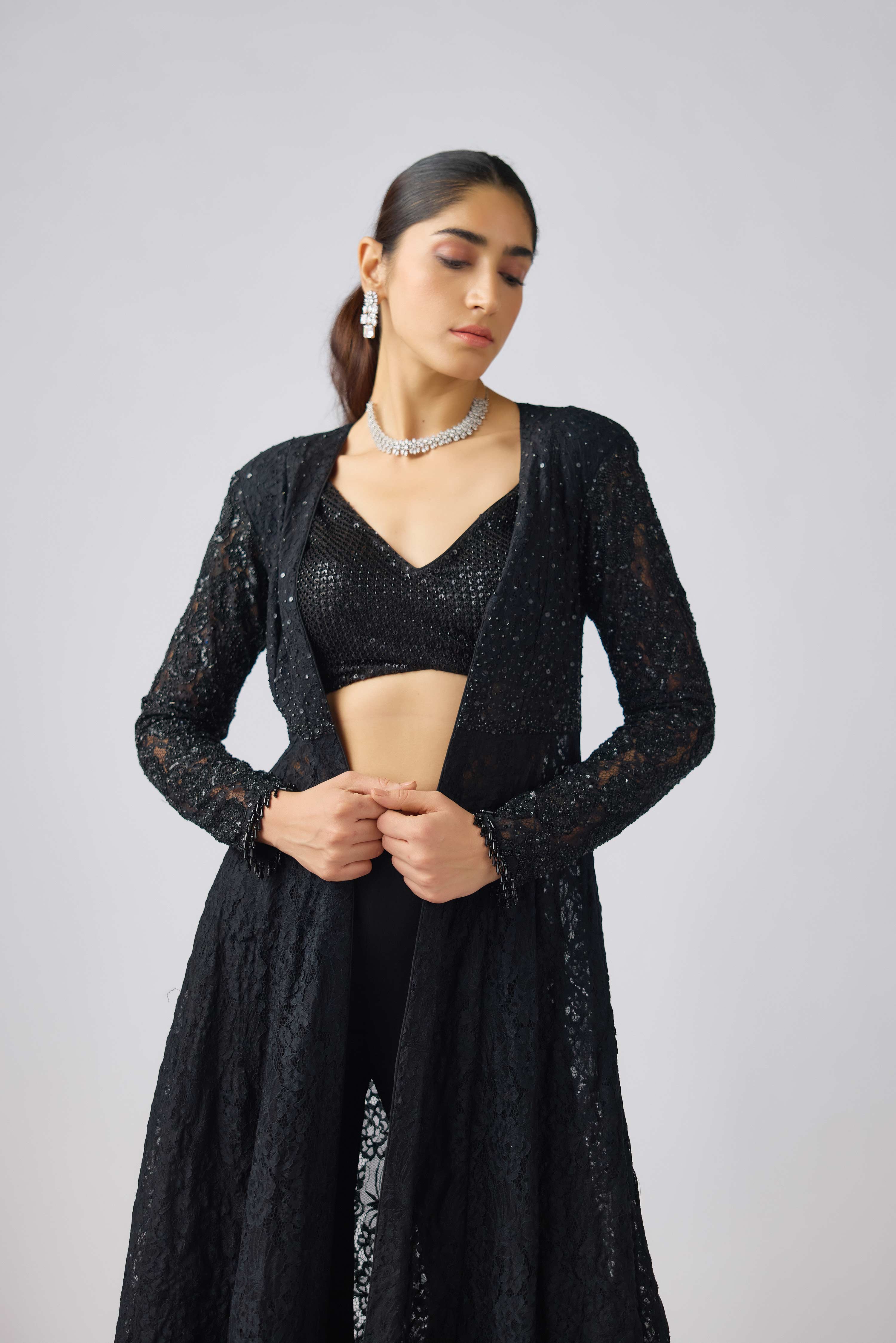 Black Georgette Embroidered Cape Set  Mokshaa