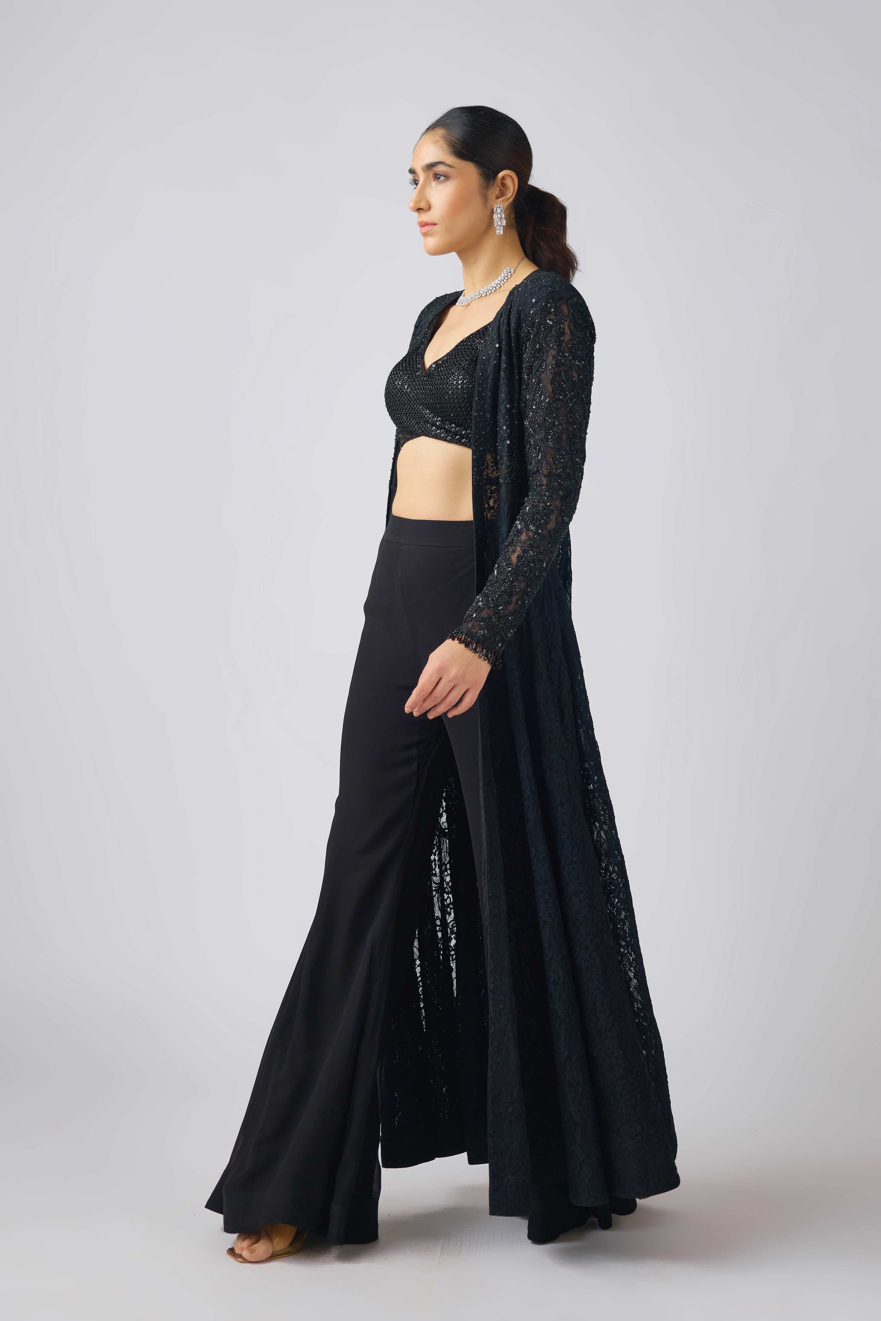 Black Georgette Embroidered Cape Set  Mokshaa