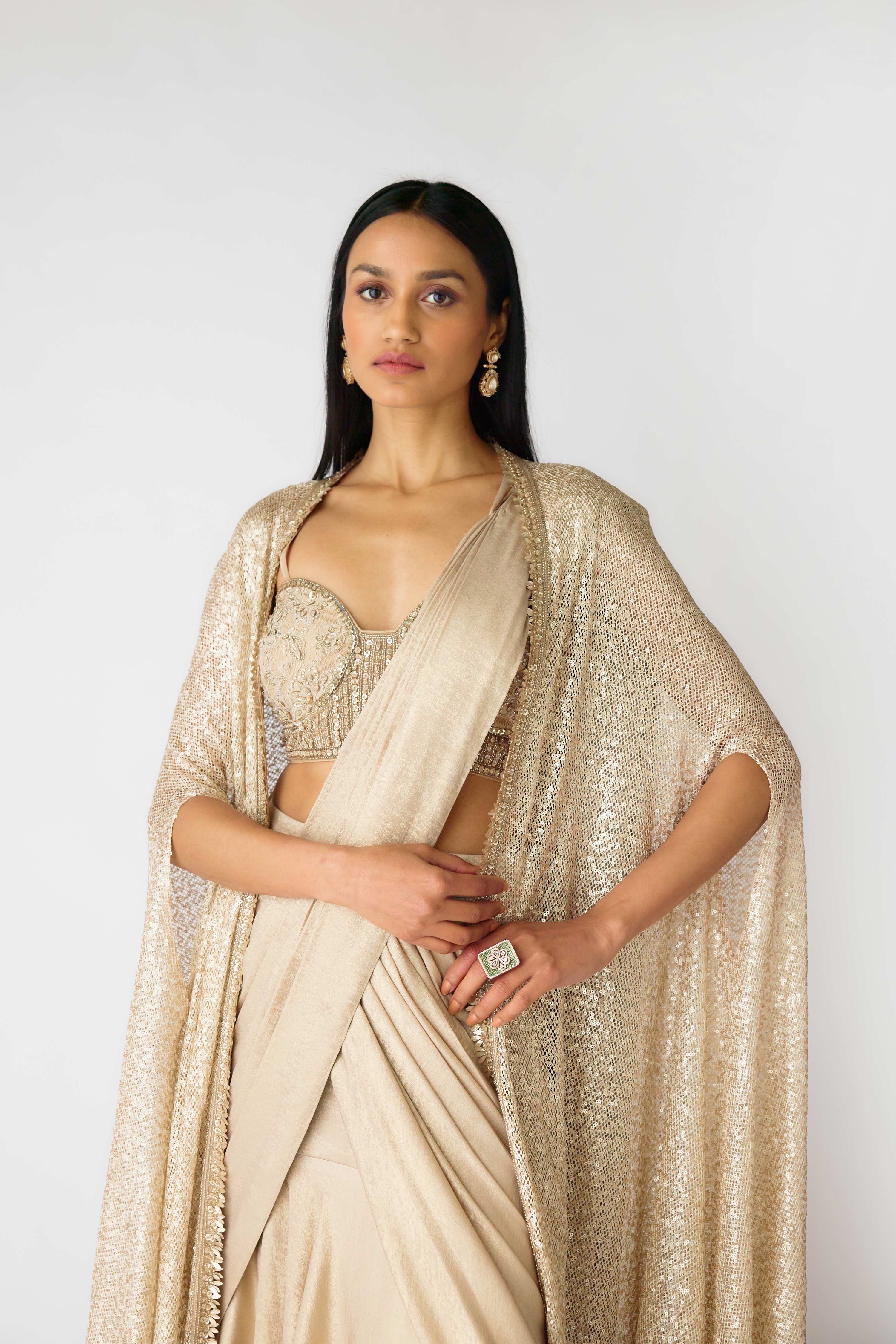 The Caped Shimmers of Dawn Saree  Mokshaa