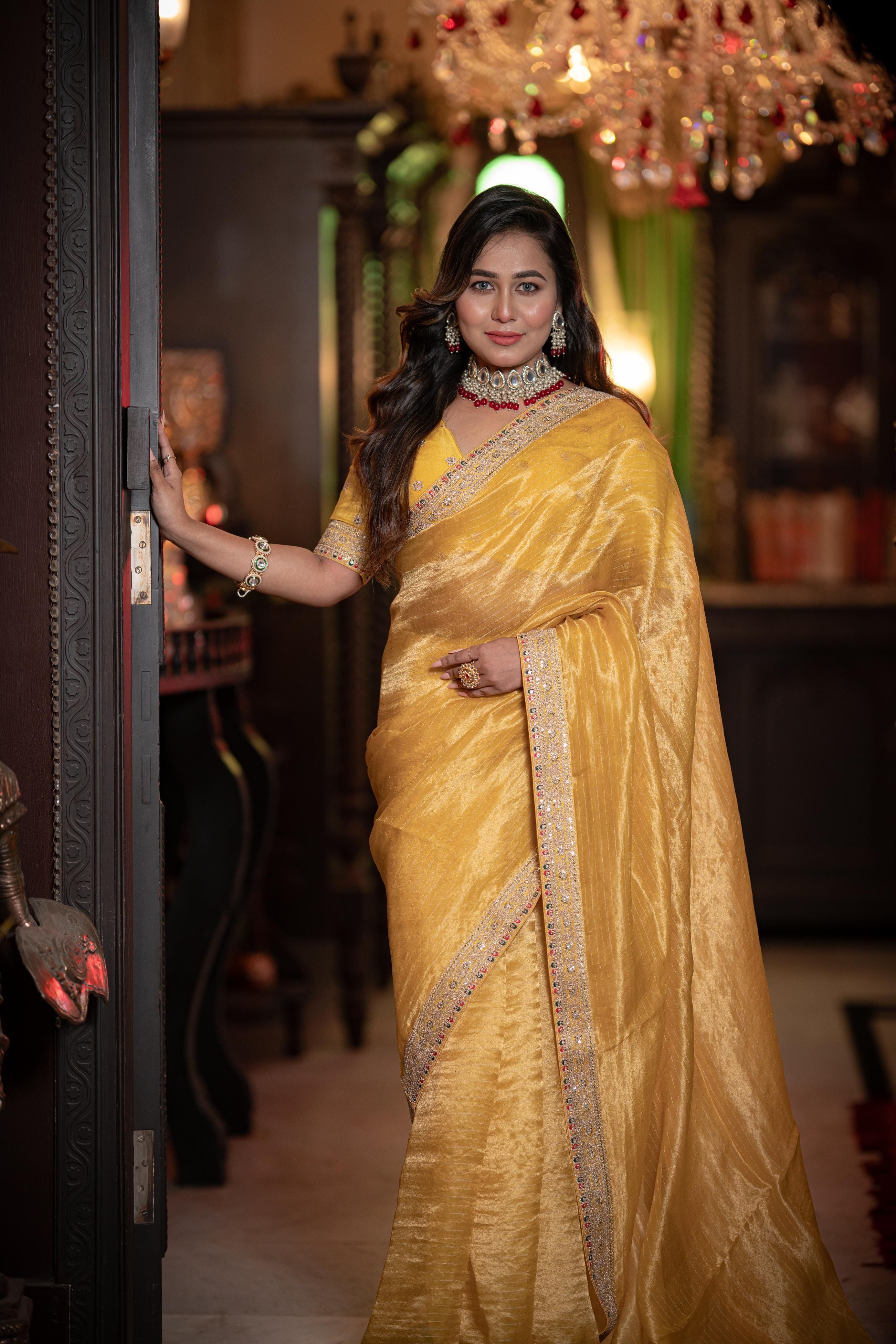 Yellow Organza Tissue Saree - Mokshaa