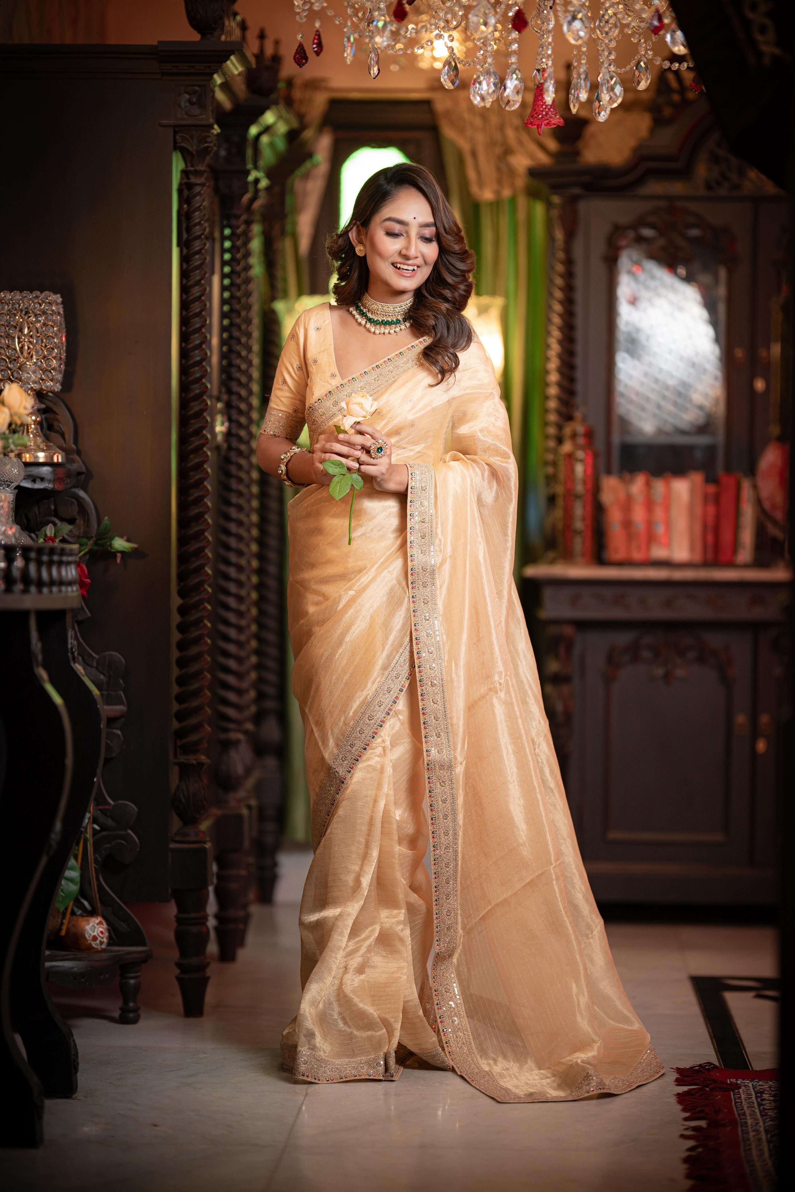 Subtle Champagne Organza Tissue Saree - Mokshaa