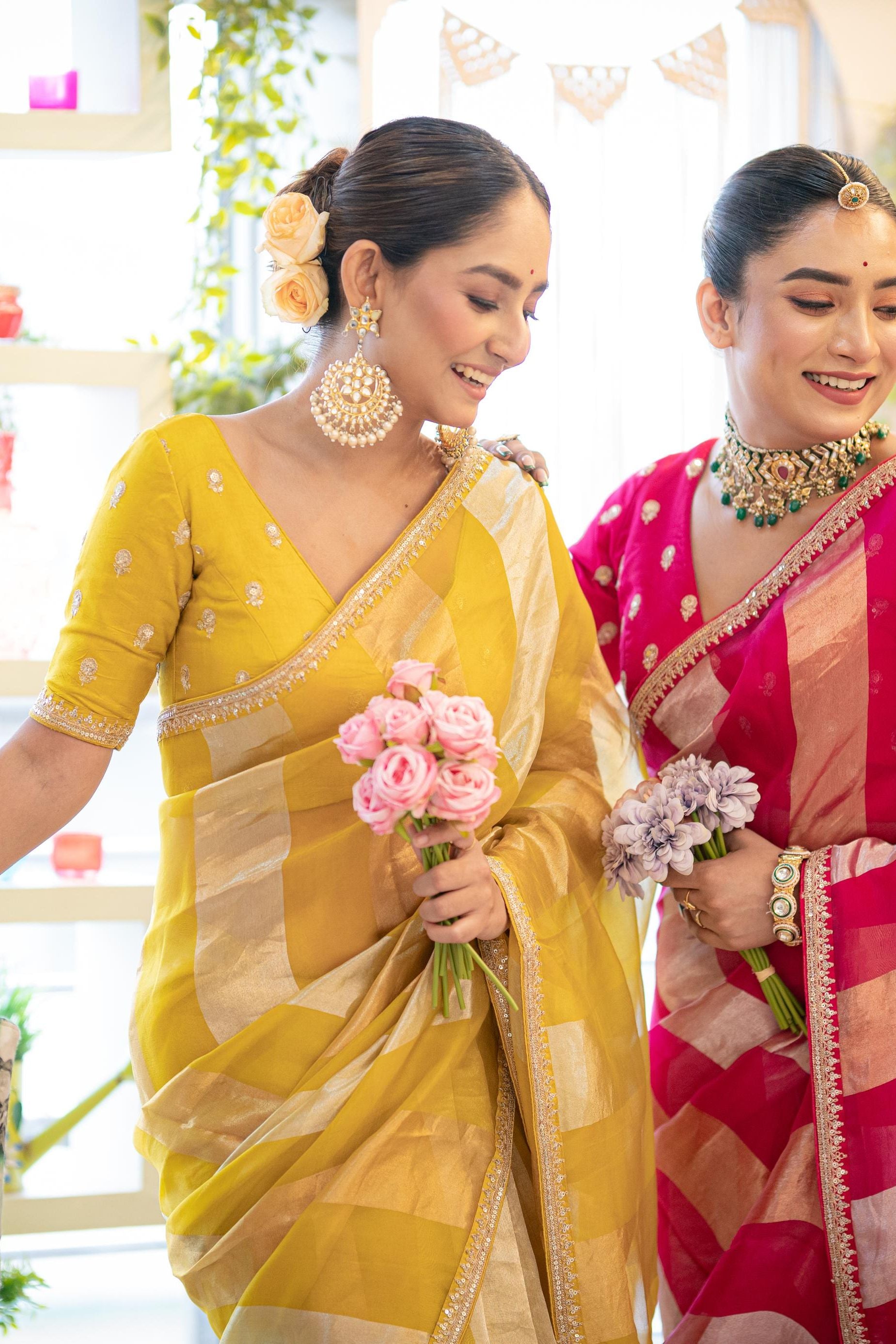 Striking Pink Striped Organza Saree with Zari Detailing - Mokshaa