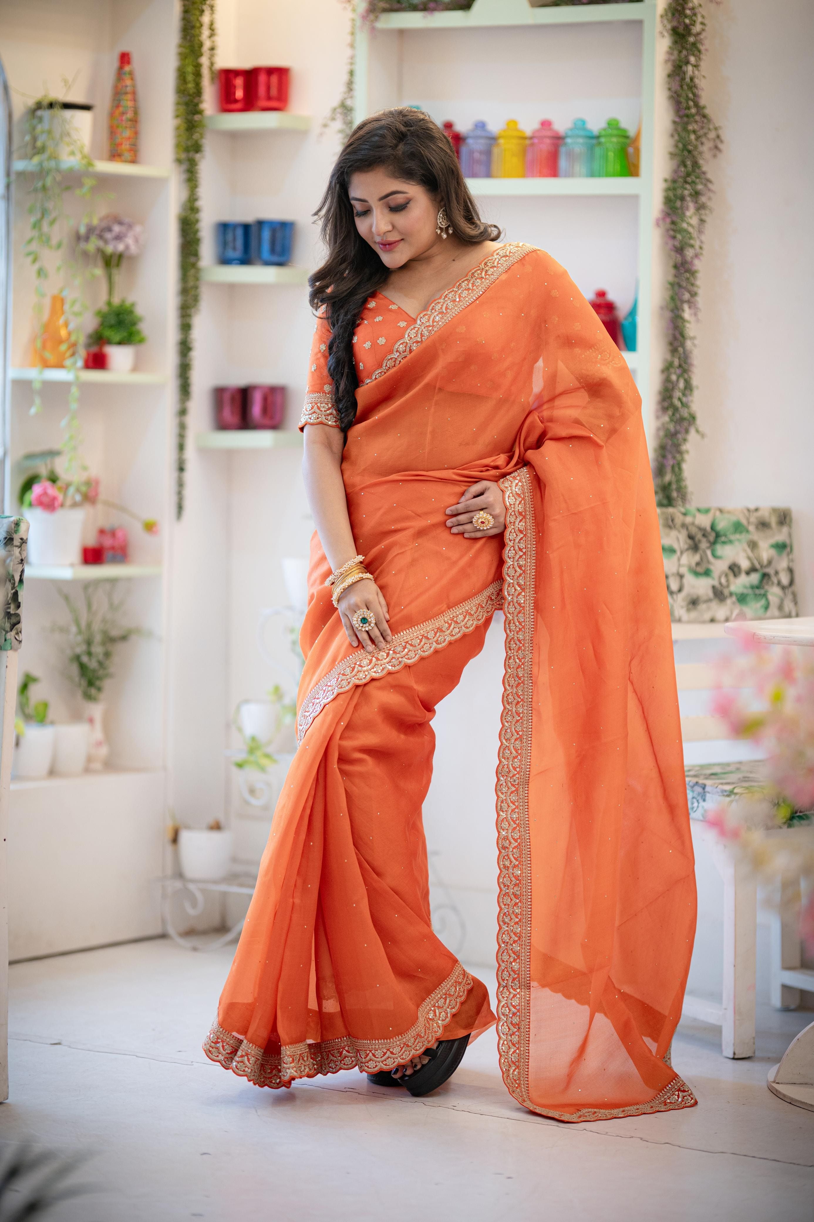 Elegant Orange Organza Saree with Sequins and Zardosi Border - Mokshaa