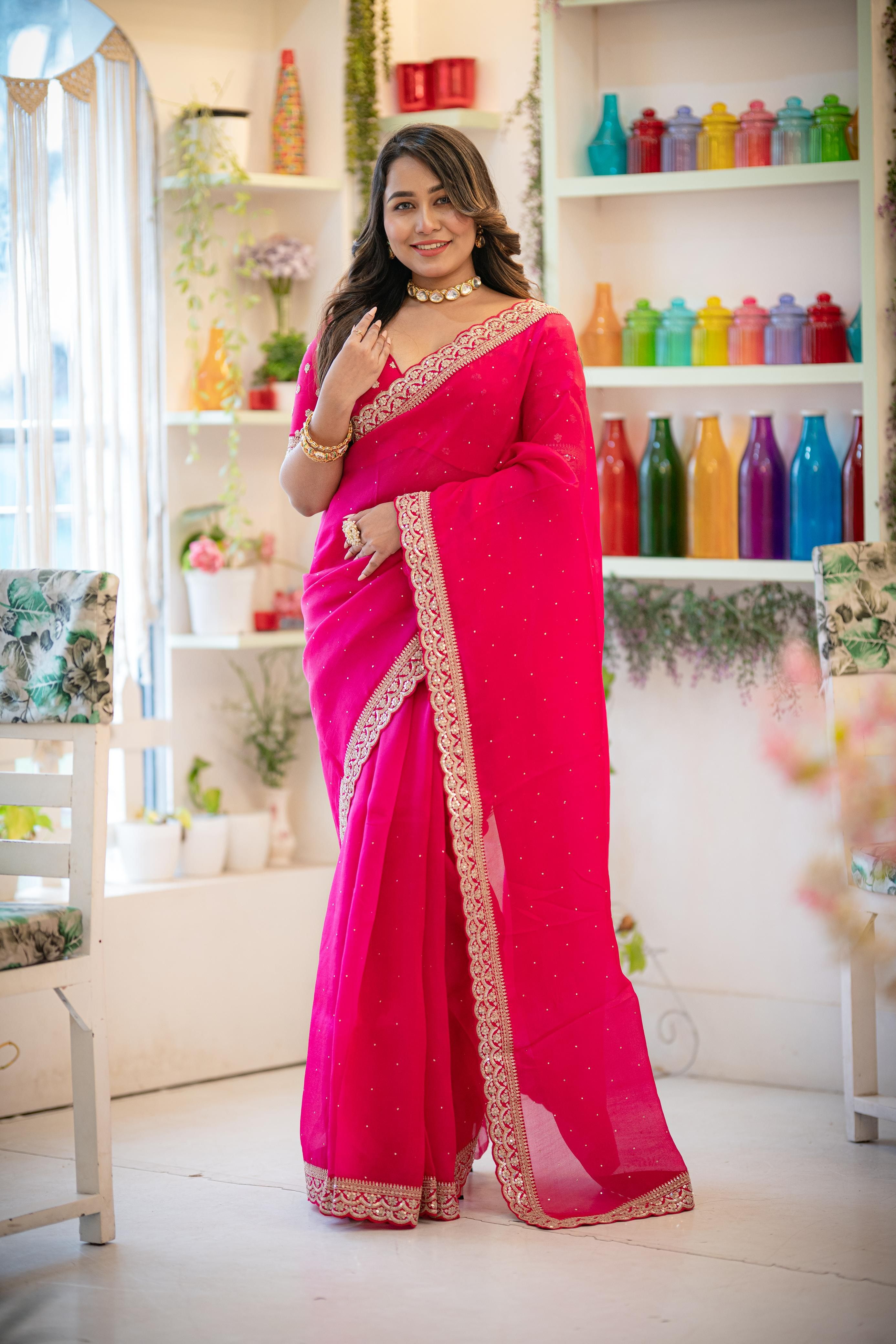 Elegant Red Organza Saree with Sequins and Zardosi Border - Mokshaa