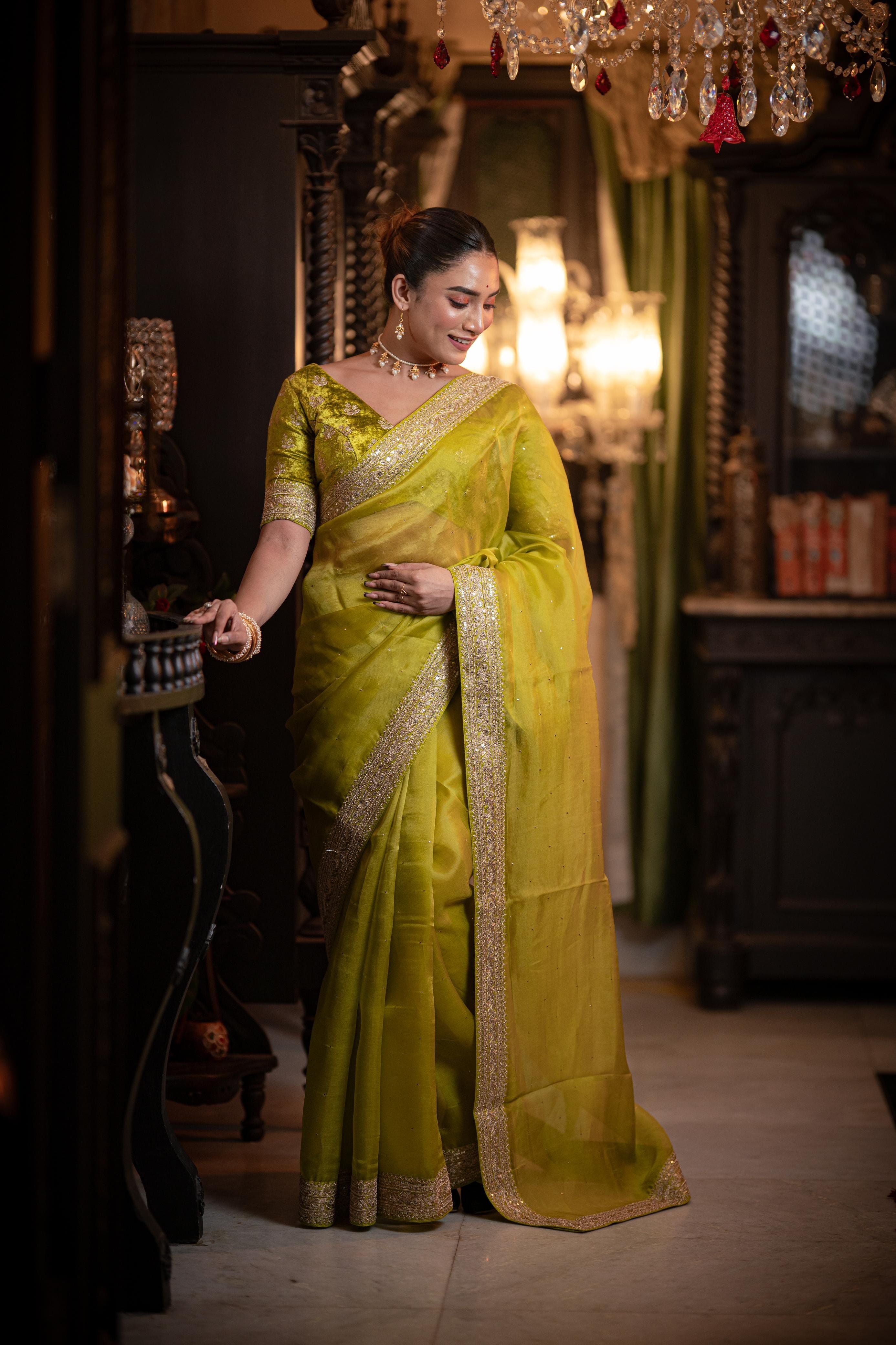 Vibrant Lime Green Organza Saree - Mokshaa