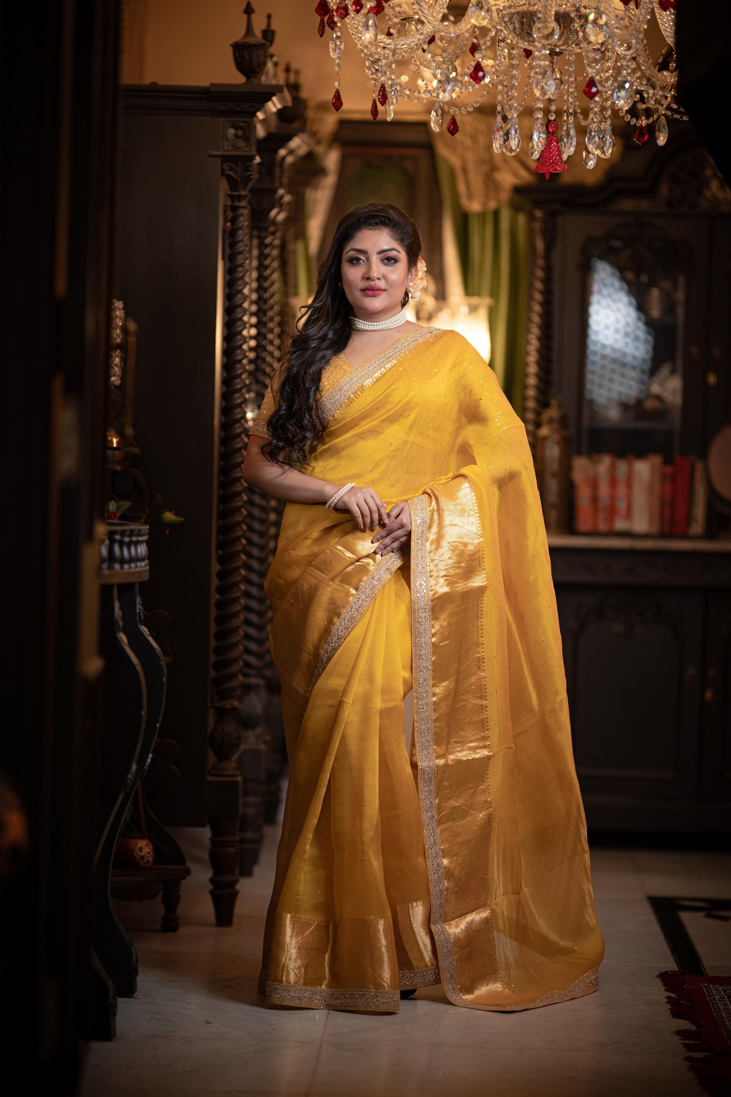 Bright Yellow Organza Saree - Mokshaa