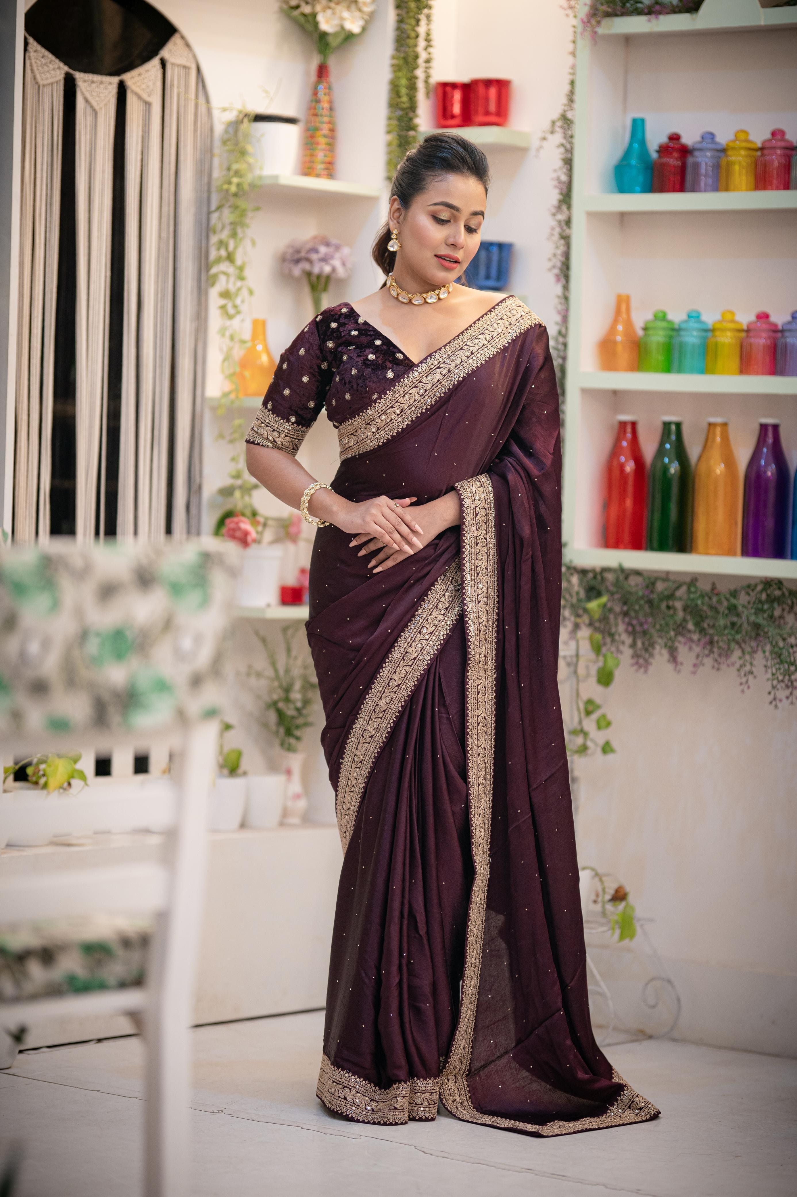 Rich Burgundy Satin Saree with Zardosi and Sequins Motif Blouse - Mokshaa