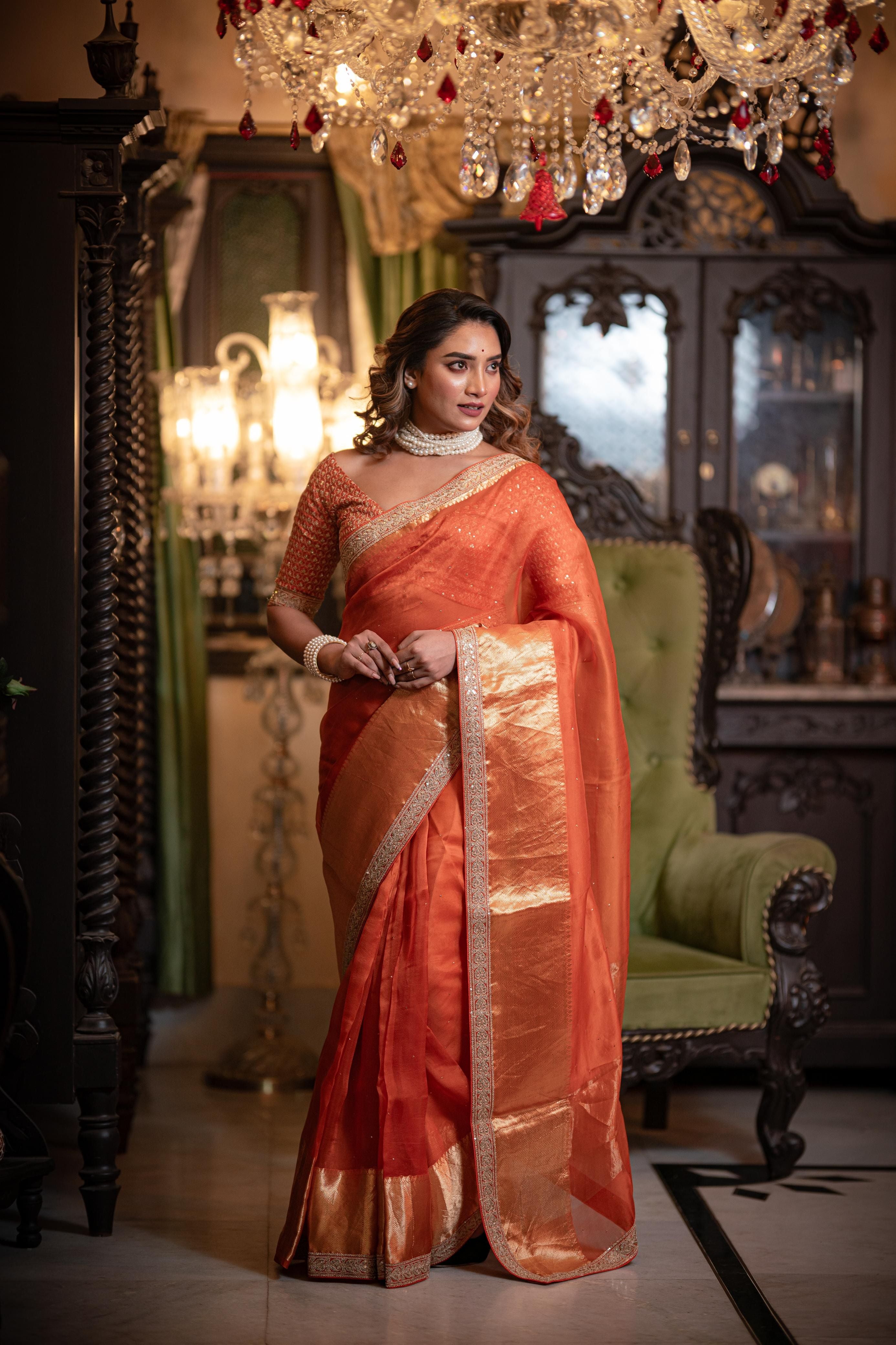 Rich Orange Organza Saree. - Mokshaa