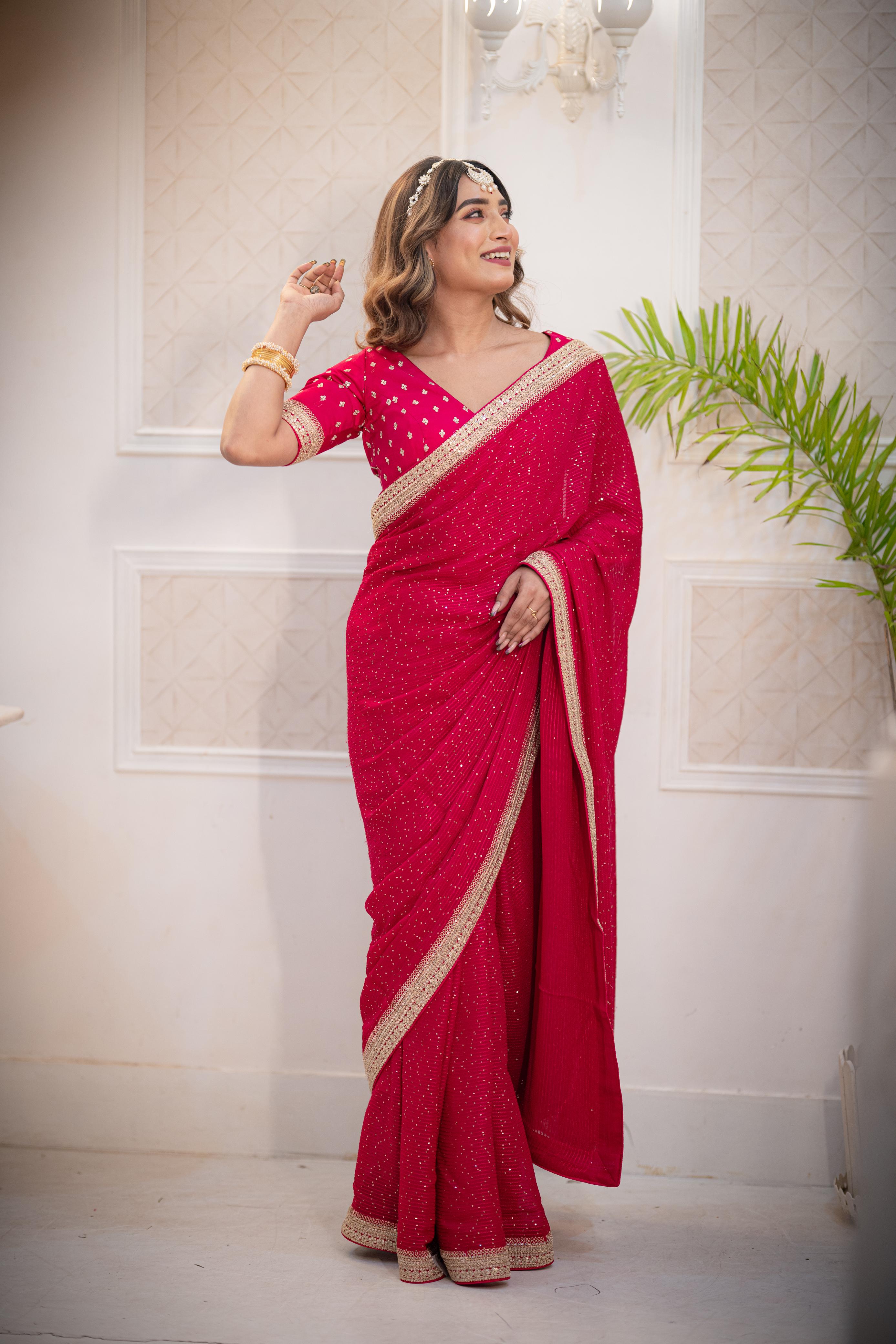 Radiant Red Georgette Saree - Mokshaa