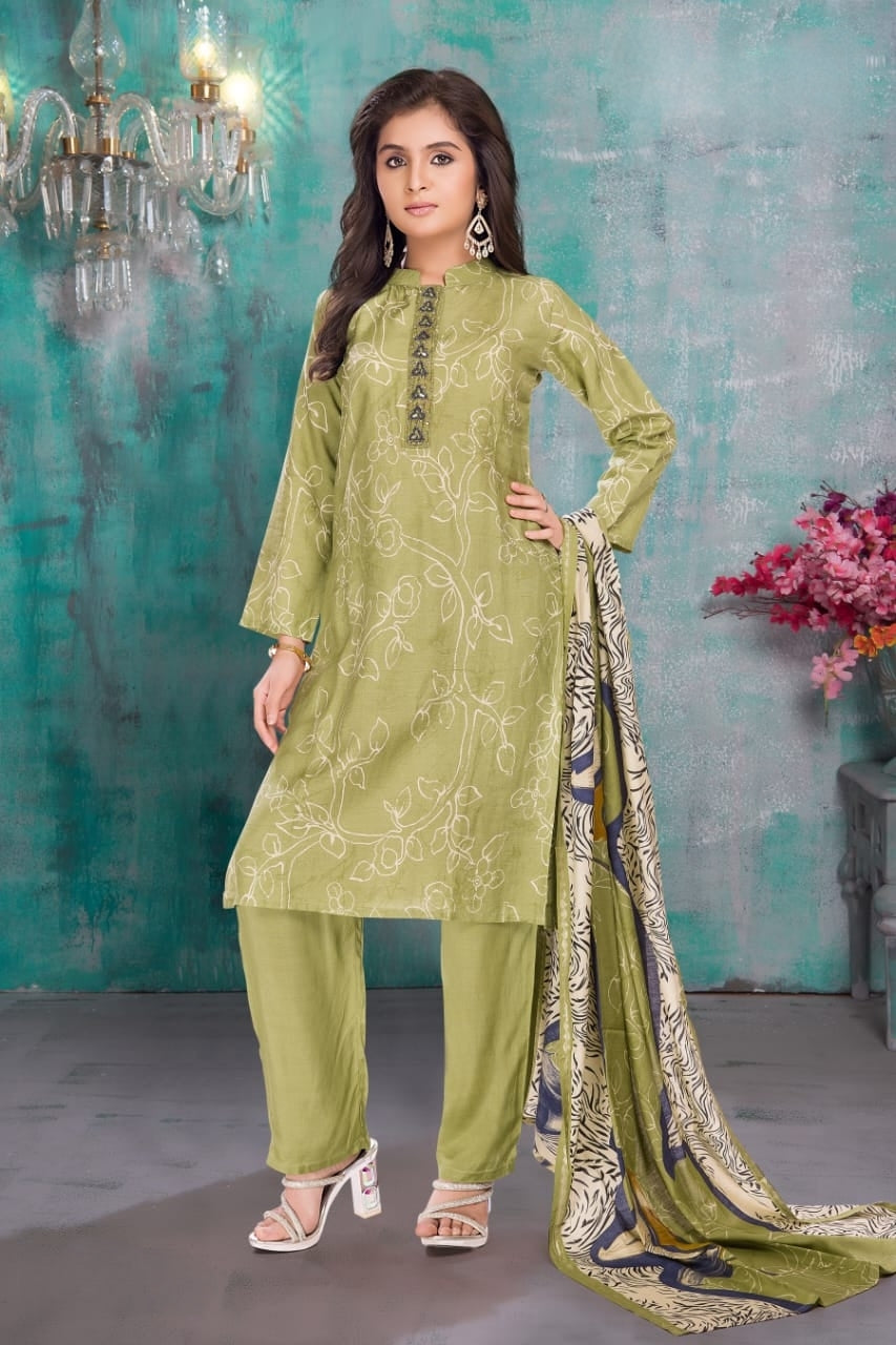 Olive Green Printed Salwar Suit with Contrasting Dupatta