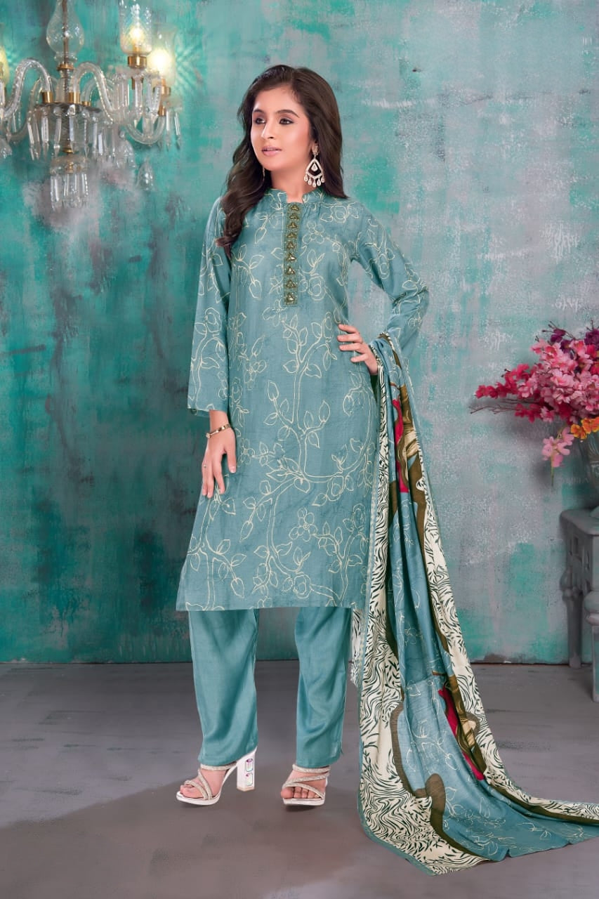 Teal Printed Salwar Suit with Contrasting Dupatta