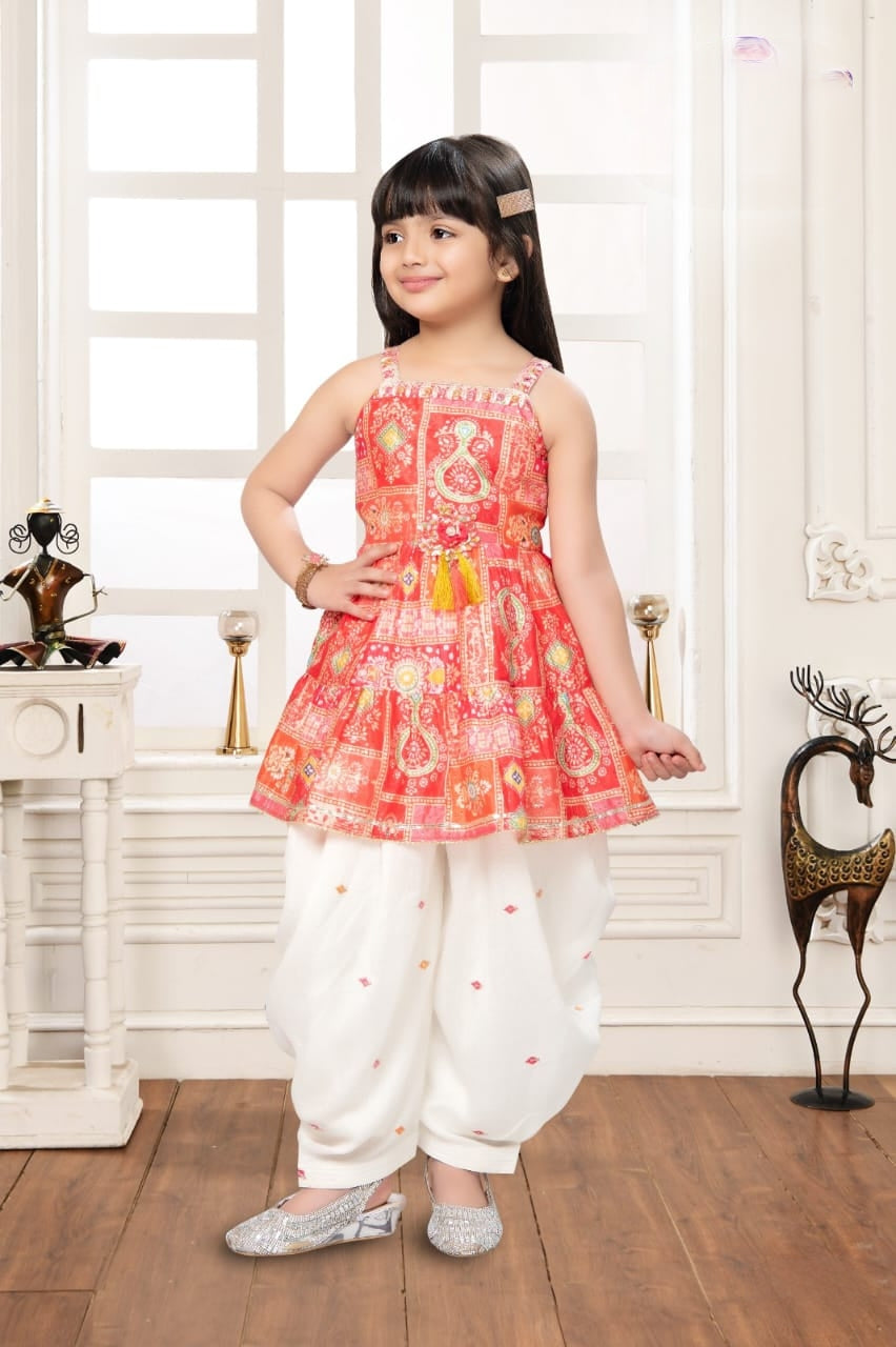 Peach Bandhani Print Tiered Top with White Dhoti Pants