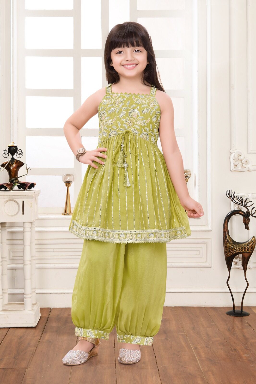 Green Embroidered Short Kurta with Dhoti Pants