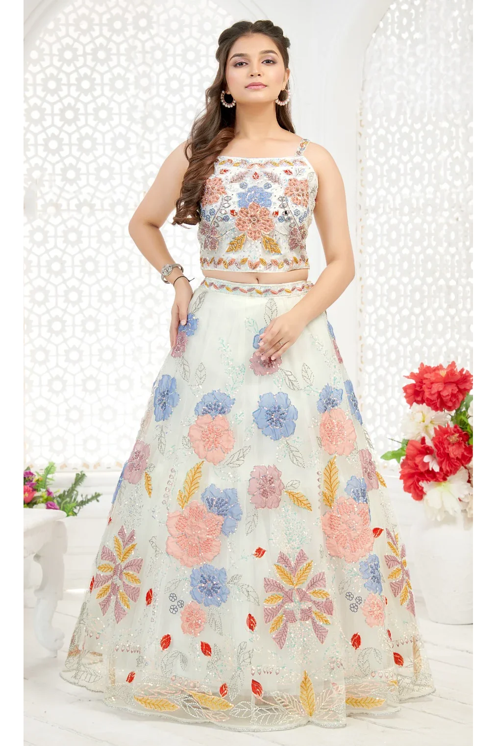 Cream Net Lehenga Set with Multicolor Floral Embroidery - Mokshaa