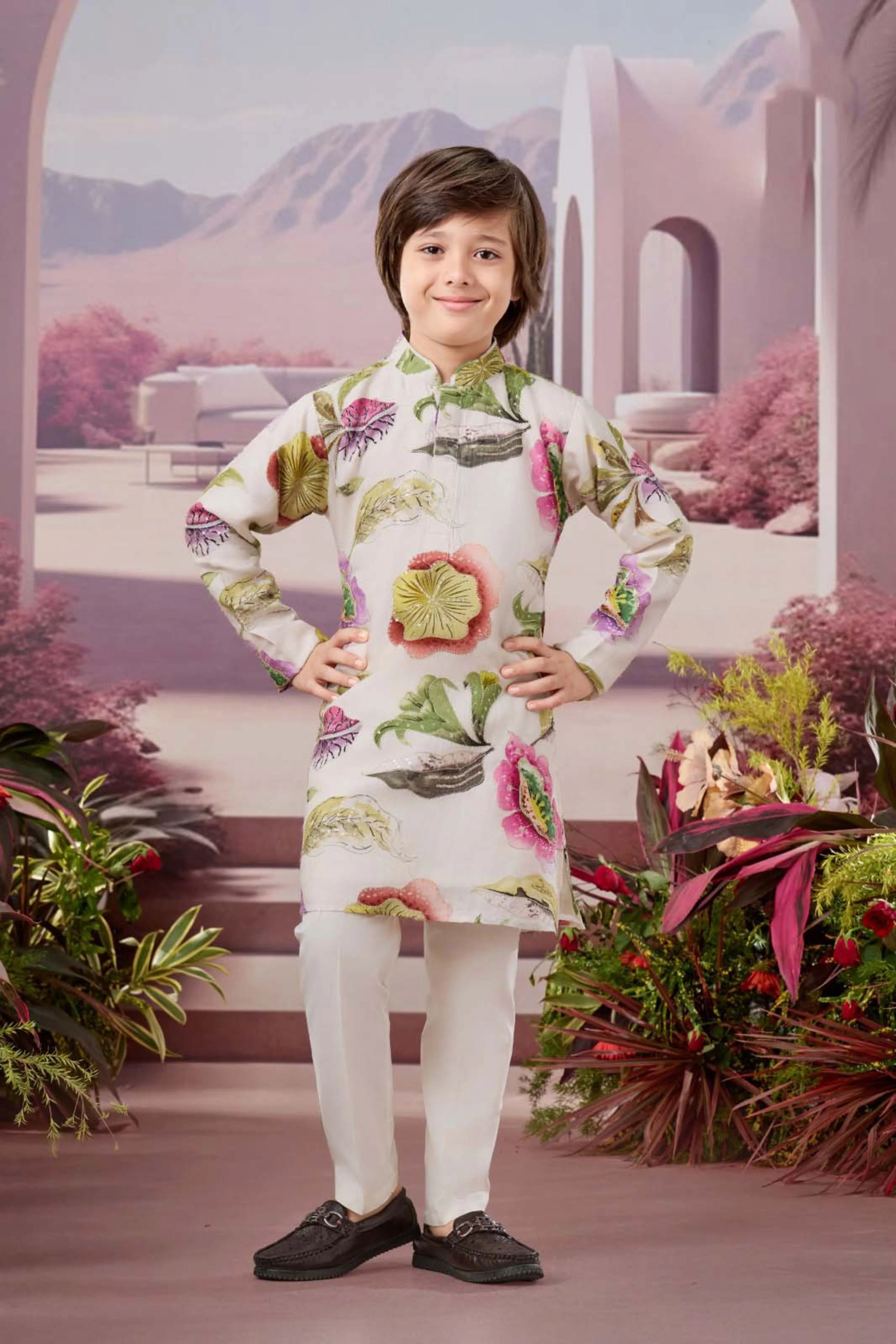 White Boys Kurta Pajama Set with Multicolor Floral Print - Mokshaa