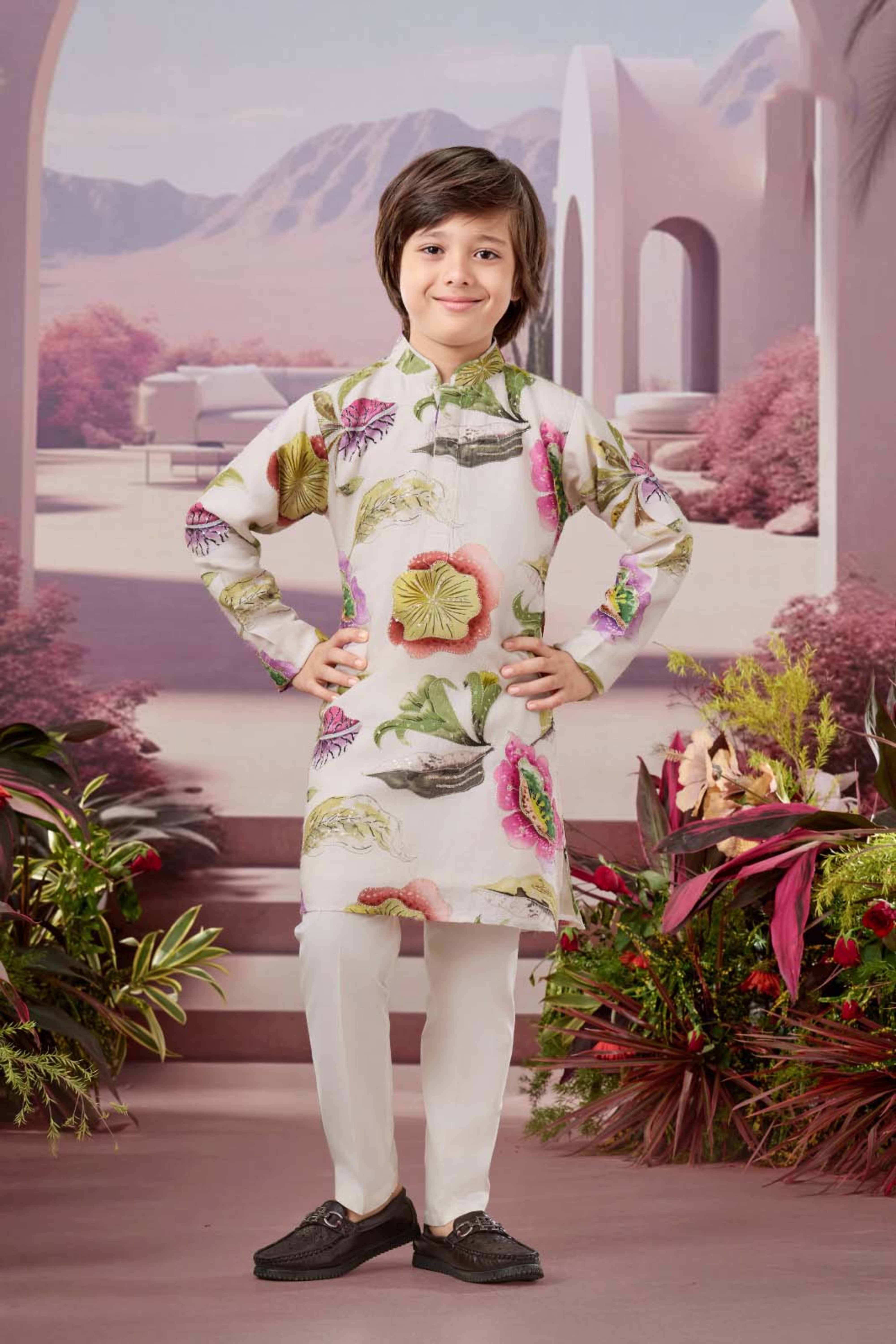 White Boys Kurta Pajama Set with Multicolor Floral Print