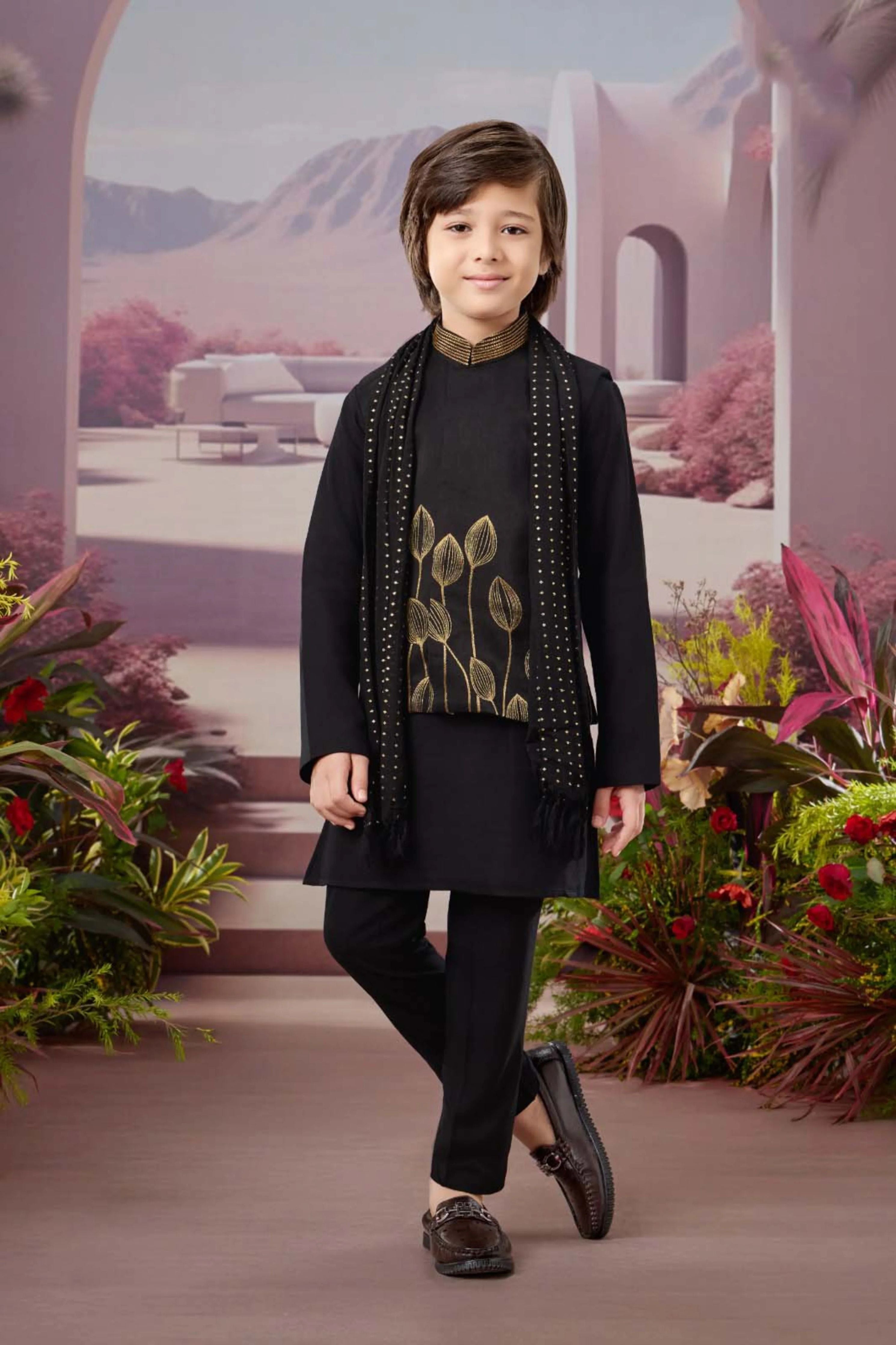 Black Boys Kurta Pajama Set with Golden Embroidery & Dupatta - Mokshaa