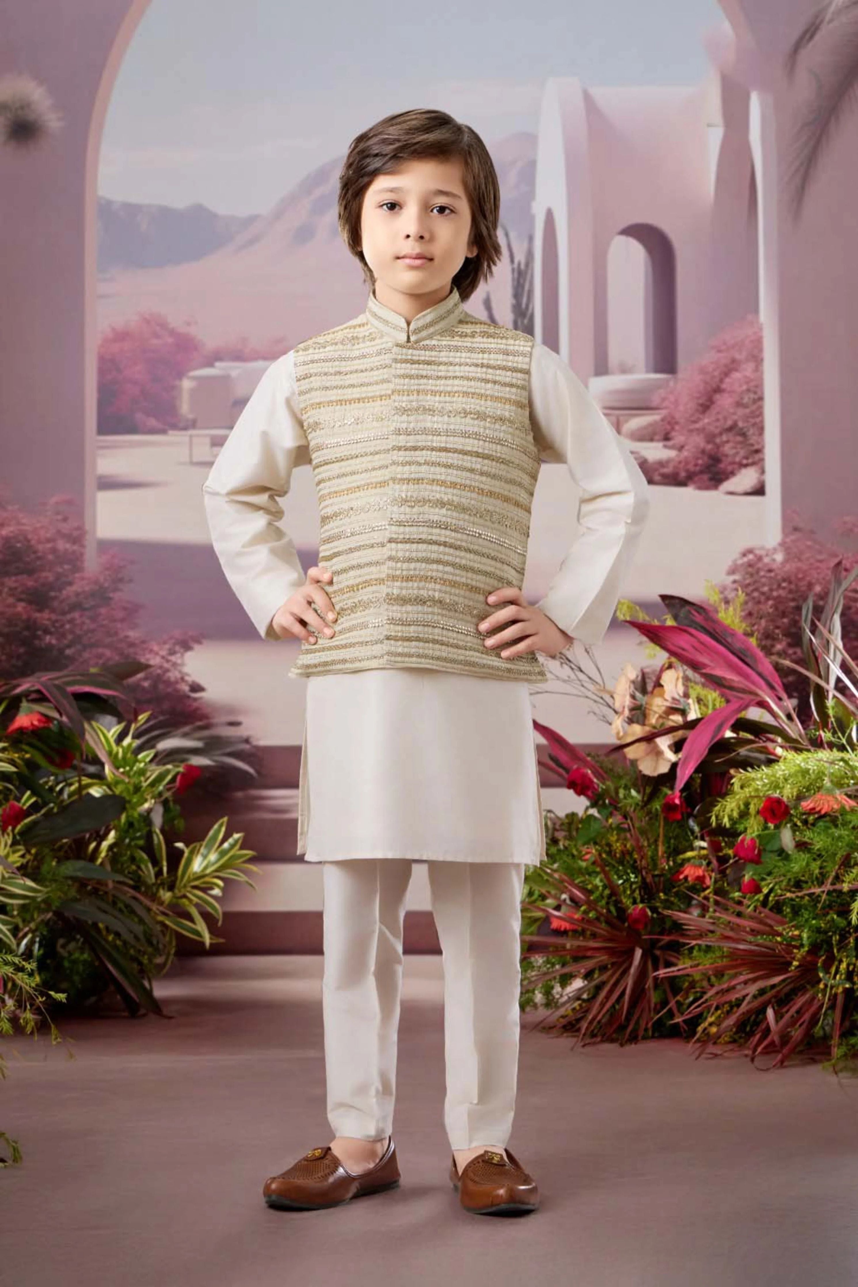 Cream Boys Kurta Pajama Set with Golden Embroidered Bandi - Mokshaa