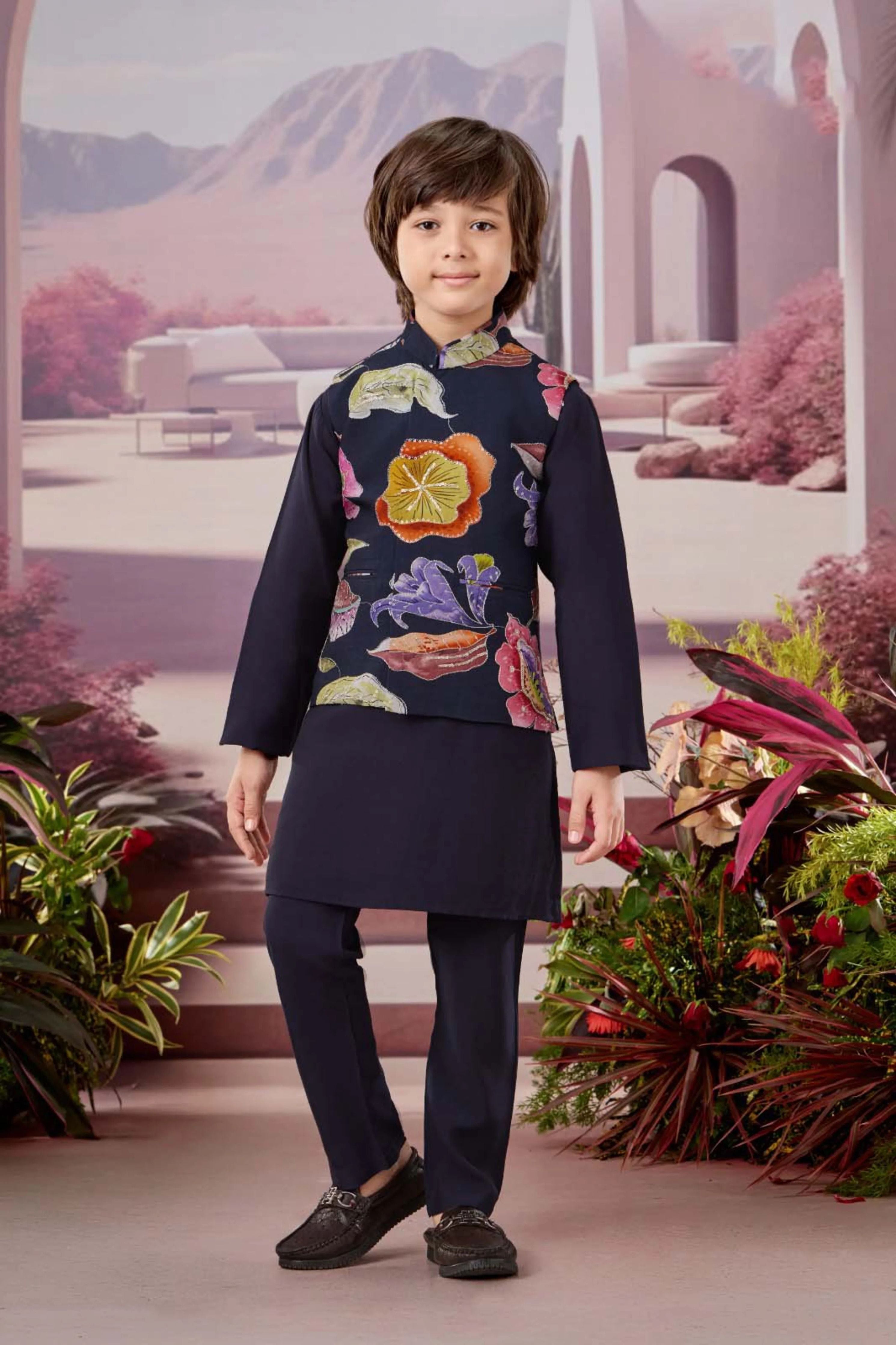 Navy Blue Boys Indo-western Set with Vibrant Floral Print Jacket - Mokshaa