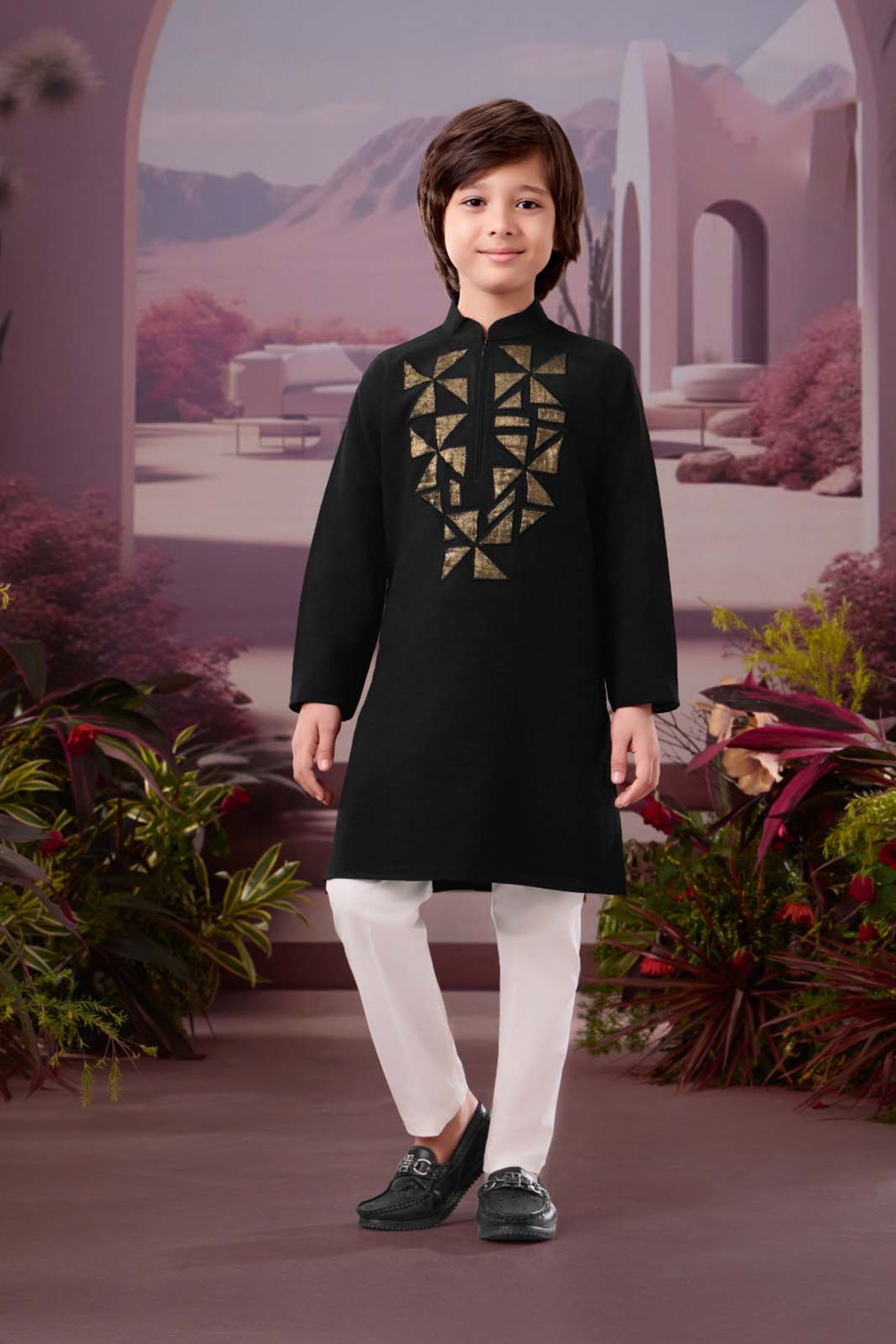 Black Boys Kurta Set with Gold Geometric Foil Print