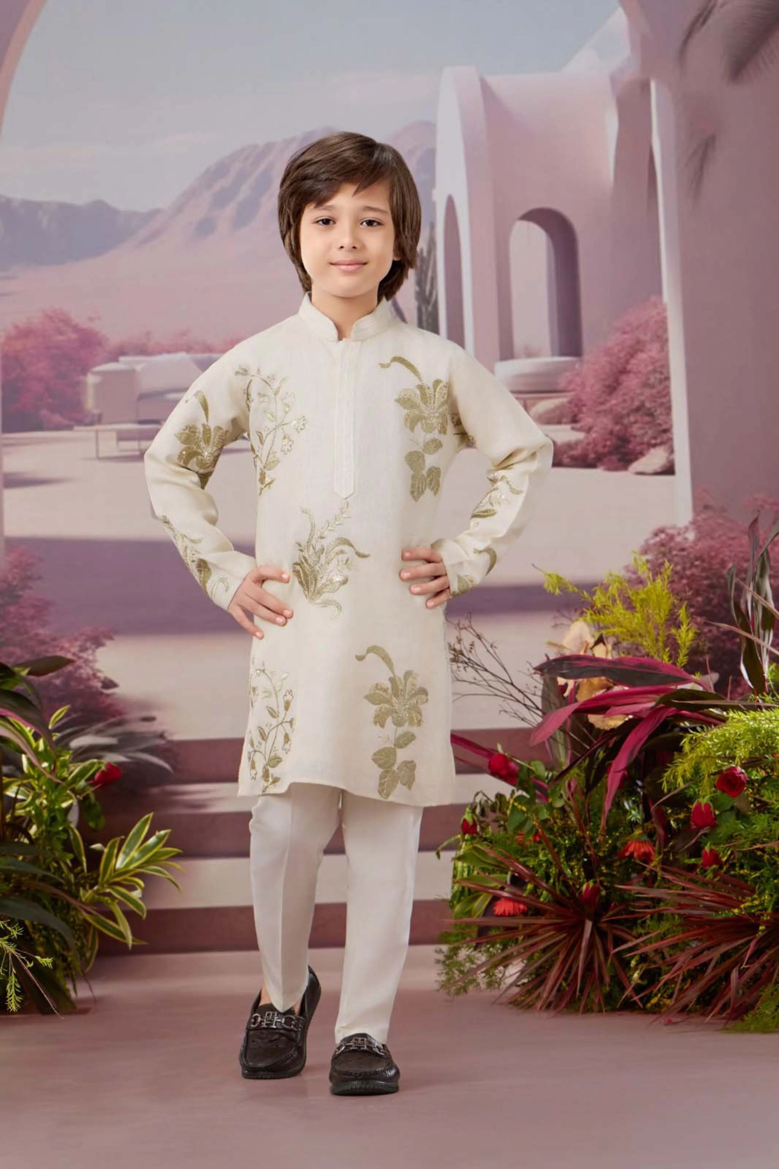 Cream Boys Kurta Pajama Set with Golden Floral Embroidery - Mokshaa