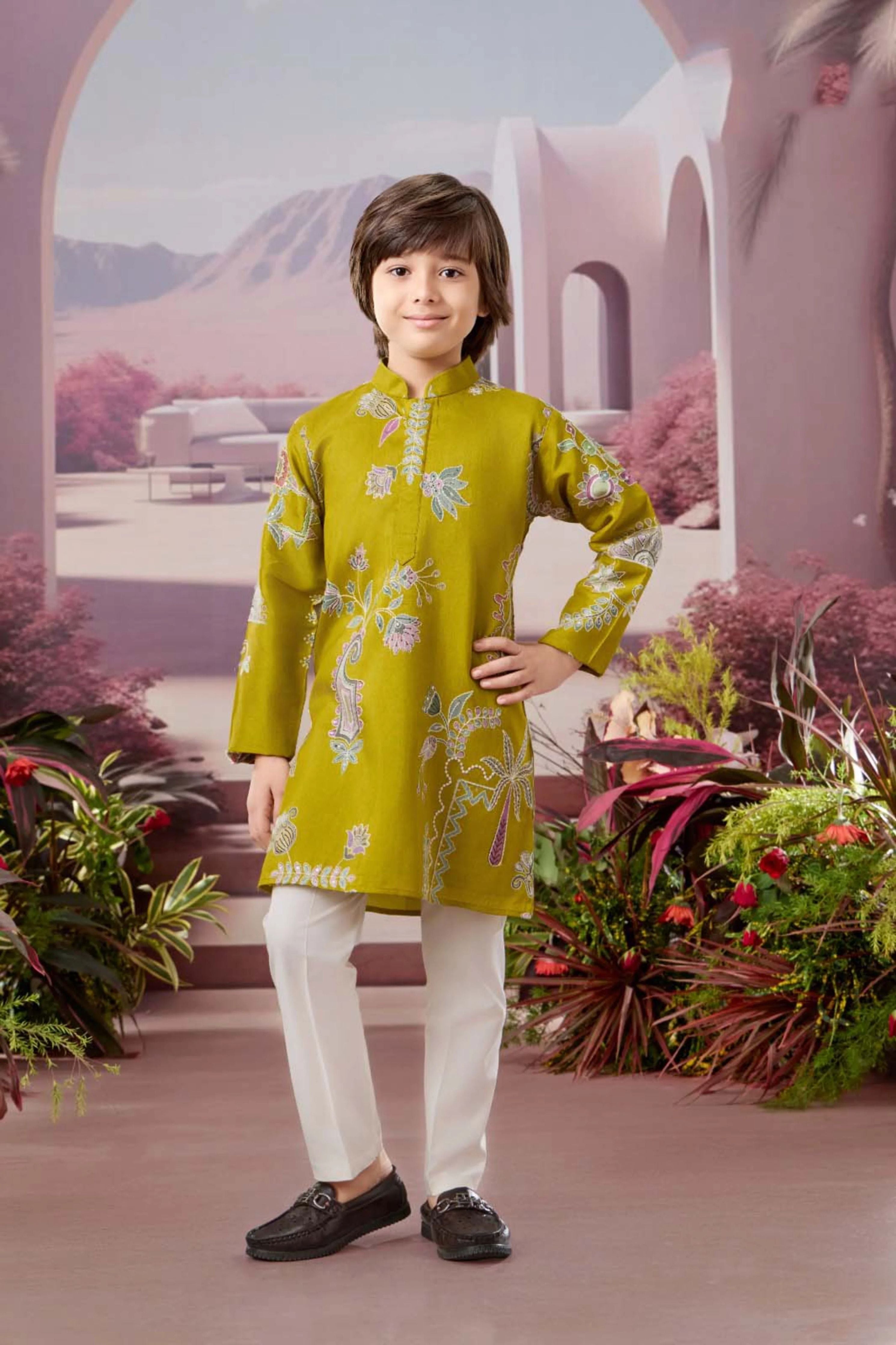Olive Green Boys Kurta Pajama Set with Multicolor Embroidery - Mokshaa