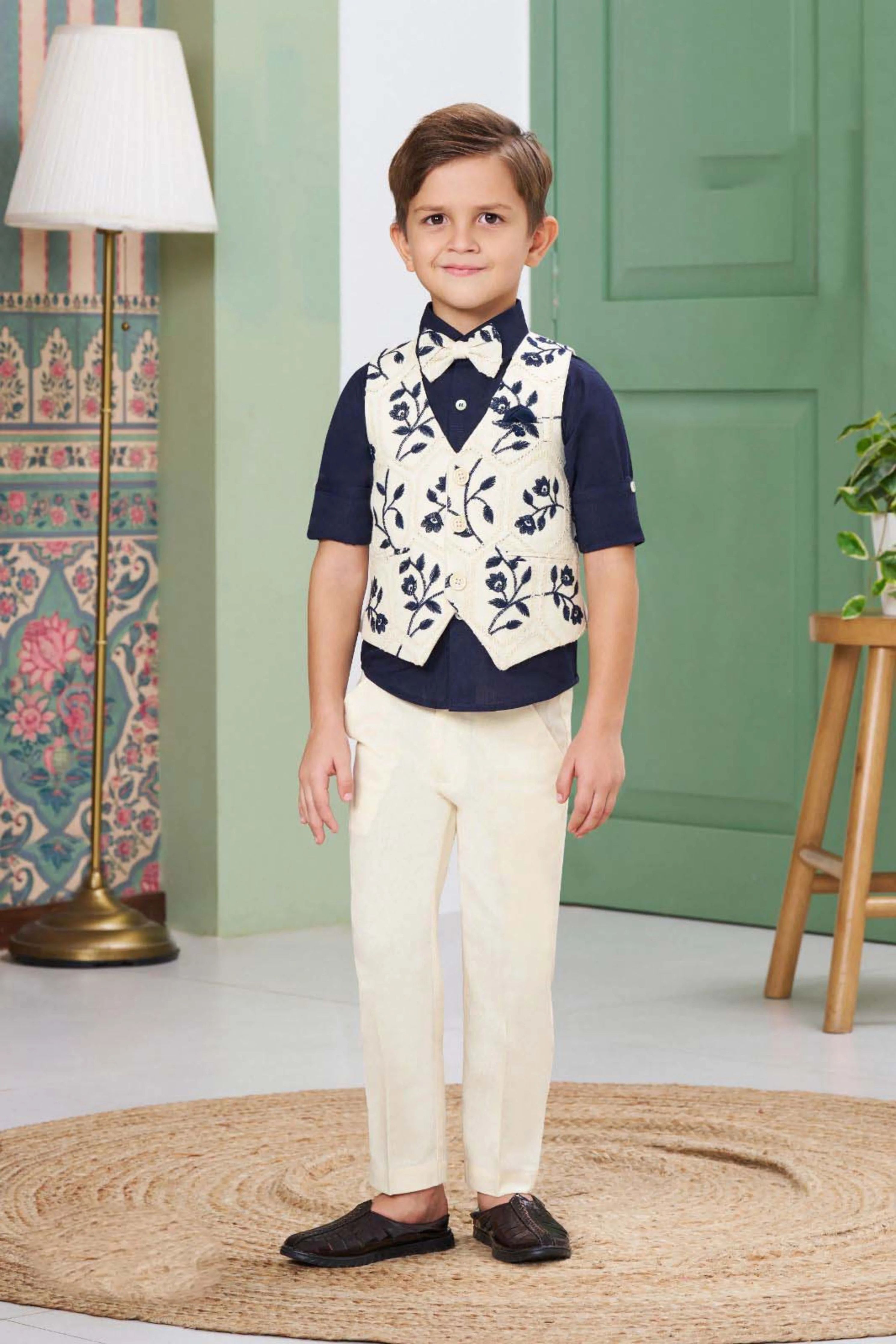 Cream & Navy Boys Bandi Shirt Set - Mokshaa
