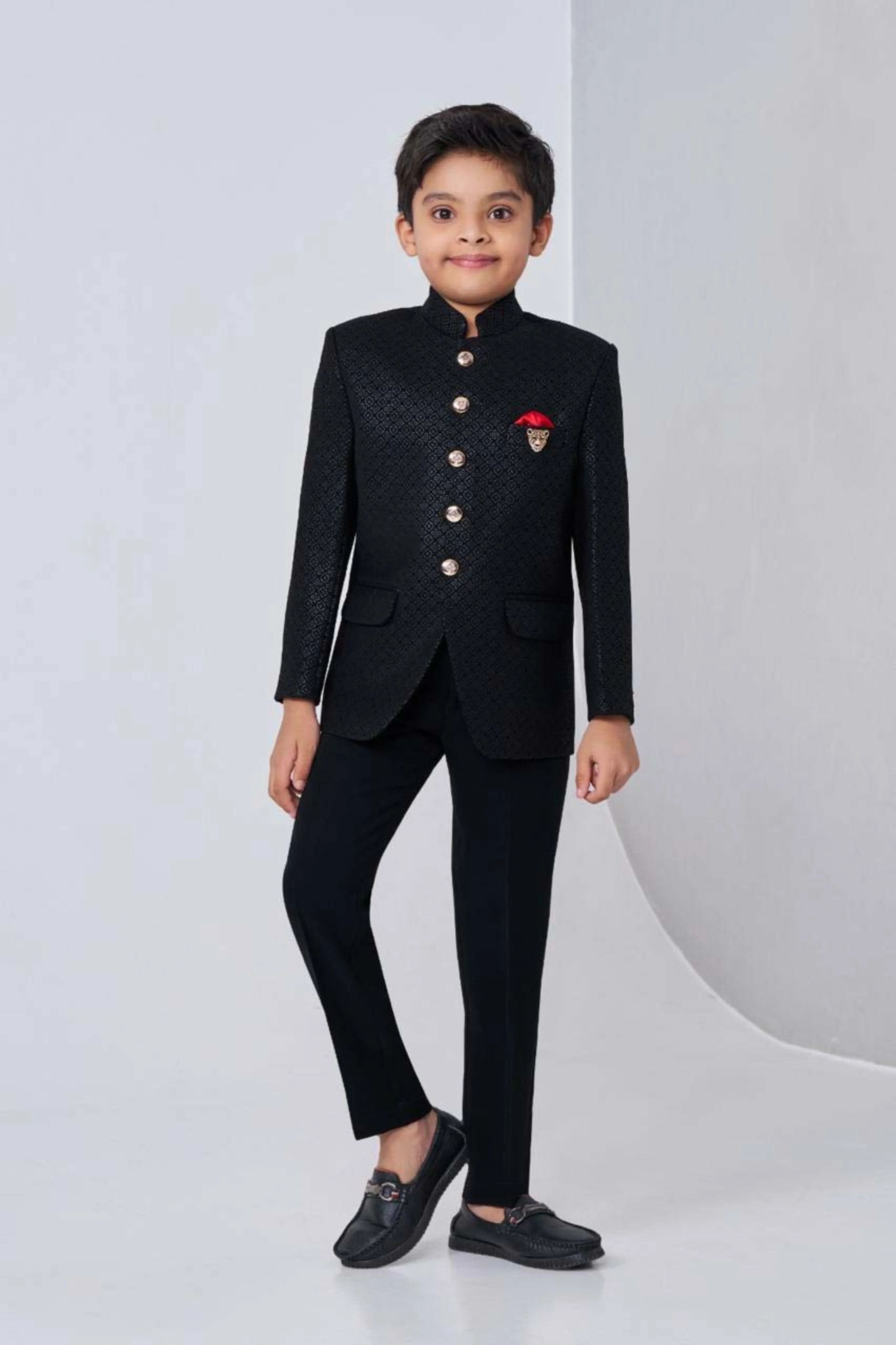 Black Boys Jodhpuri Suit with Textured Detailing - Mokshaa