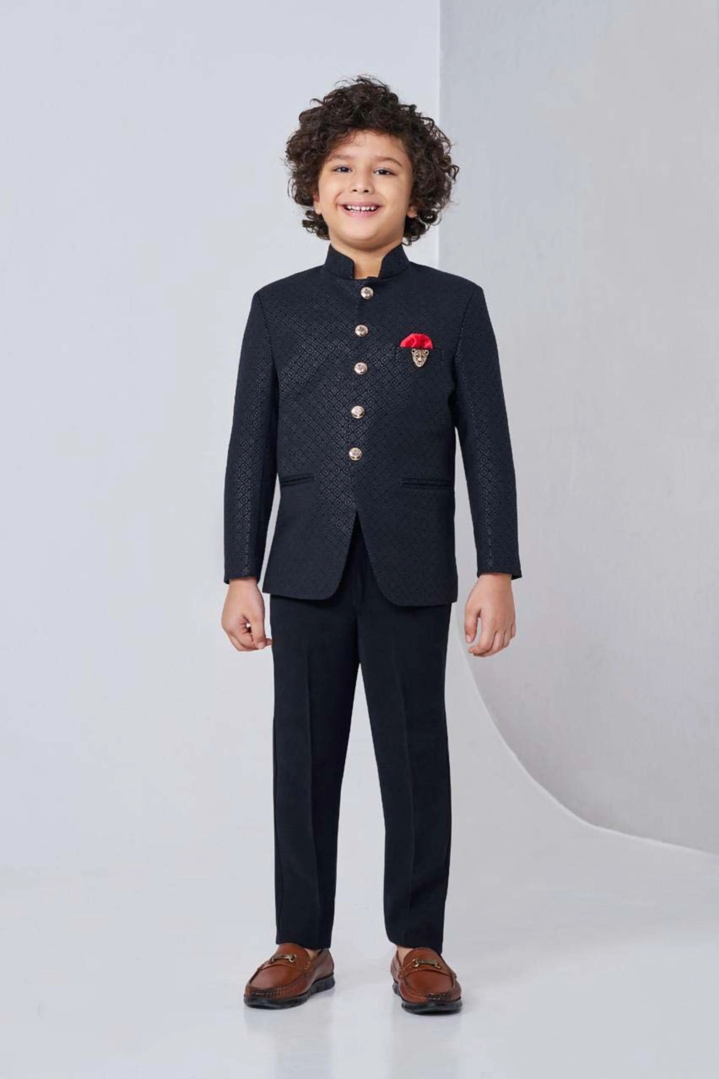 Navy Blue Boys Jodhpuri Suit with Textured Detailing - Mokshaa