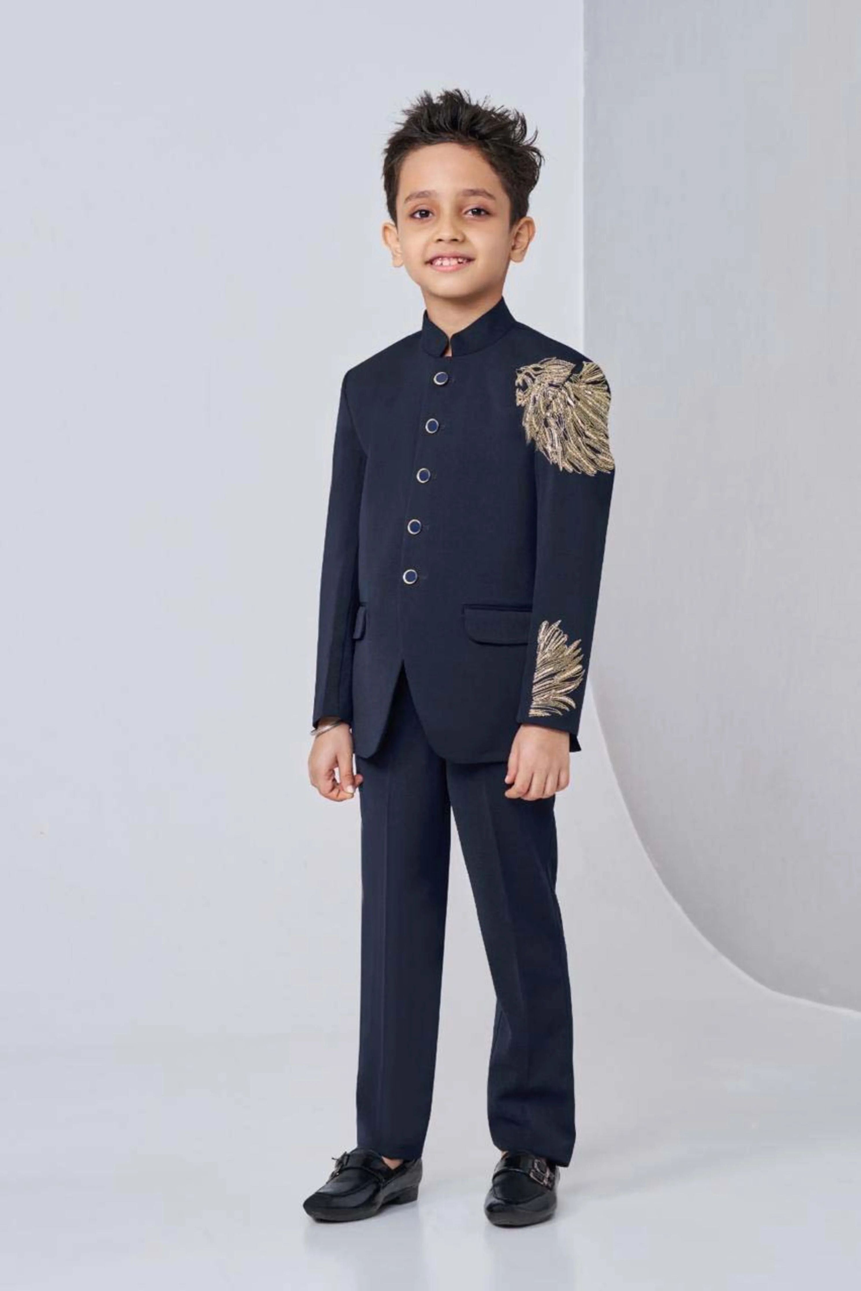 Navy Blue Boys Jodhpuri Suit with Embroidered Detailing - Mokshaa