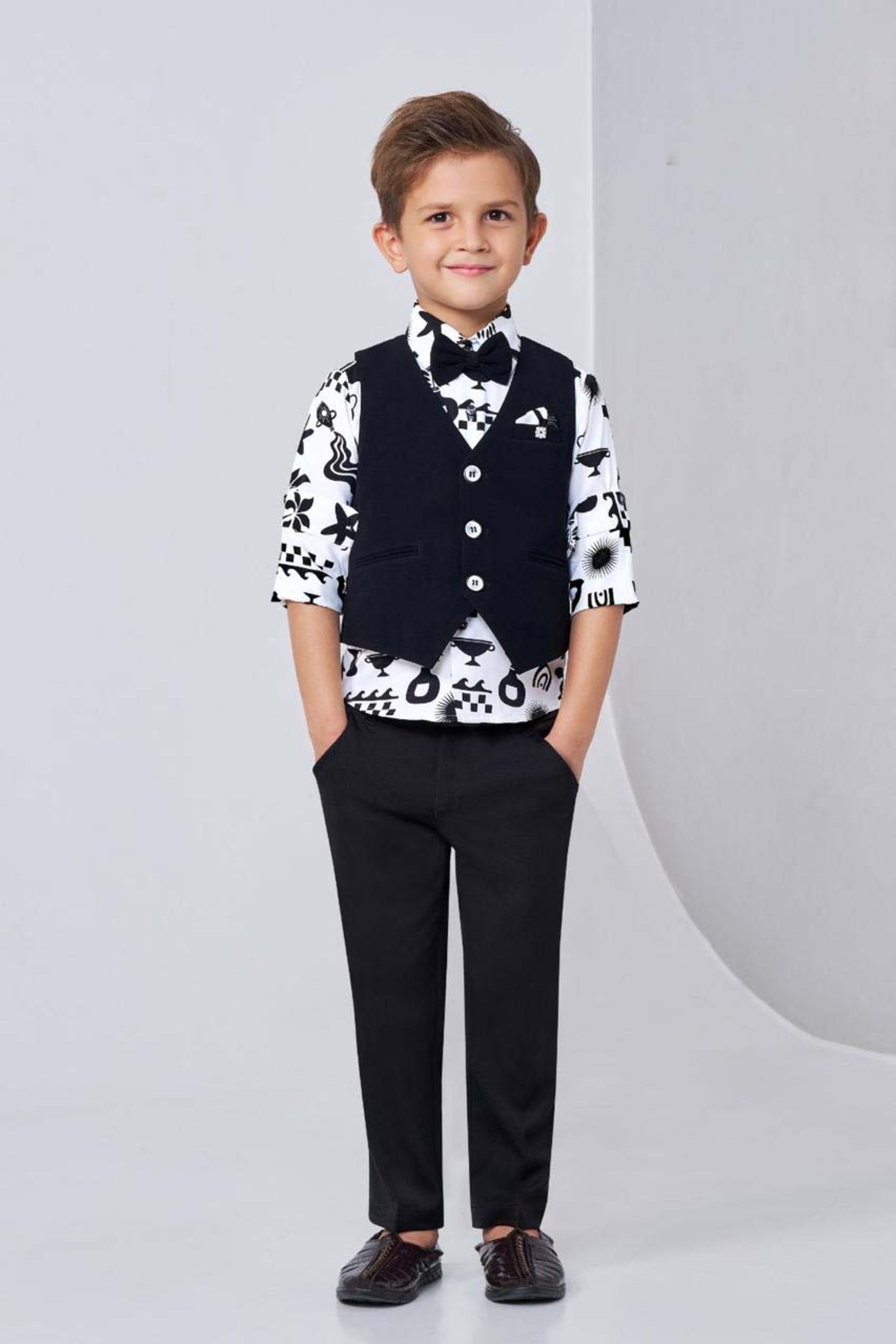Black & White Boys Bandi Shirt Set with Bow Tie