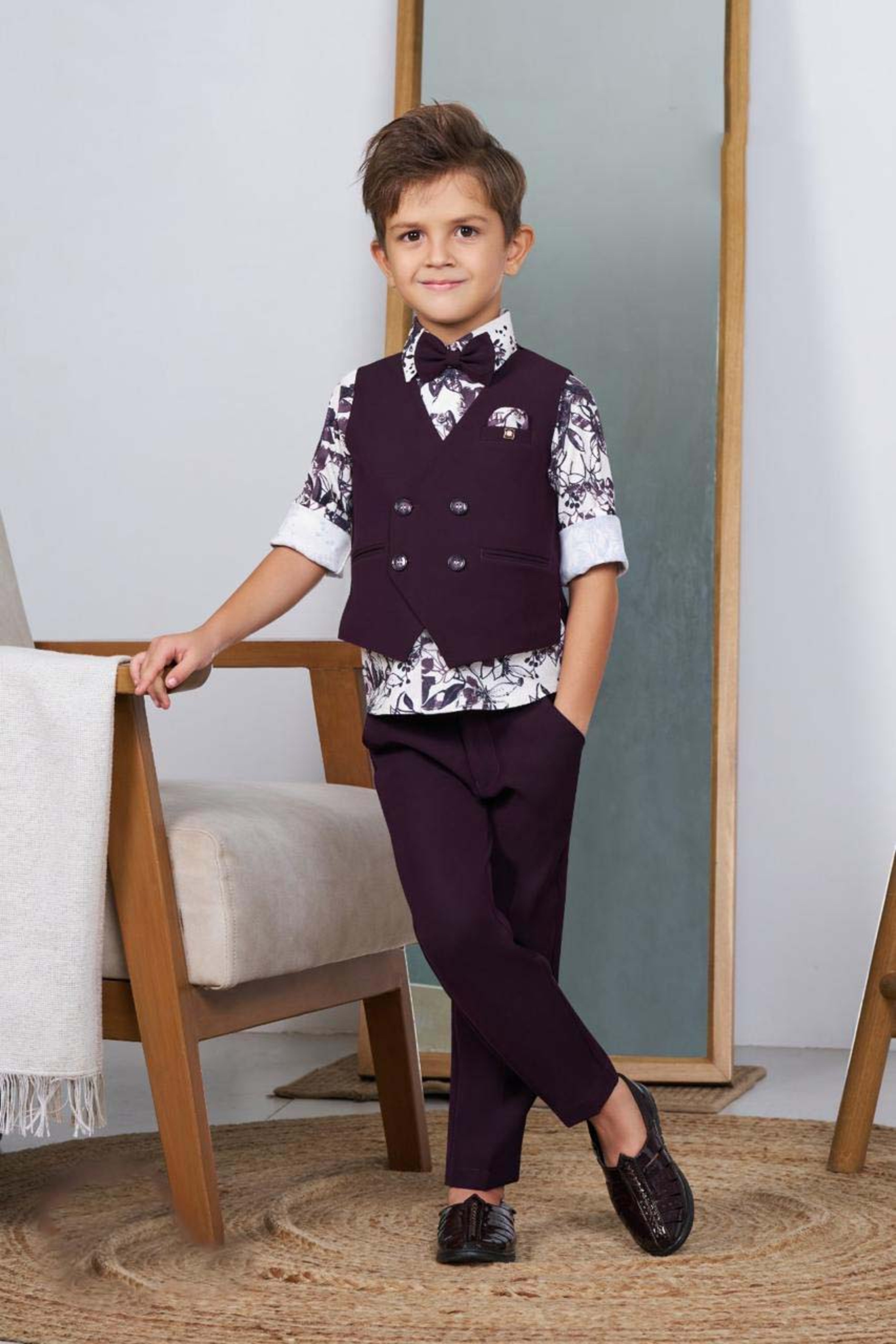 Wine Boys Printed Bandi Shirt Set