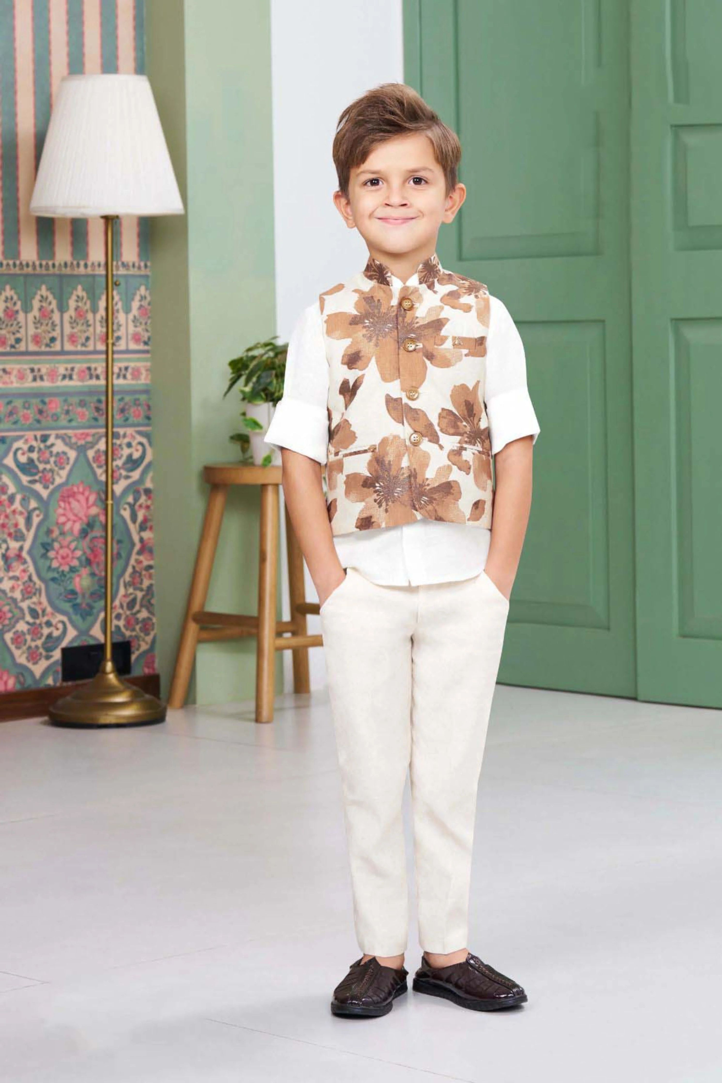 Cream Boys Floral Printed Bandi Shirt Set - Mokshaa