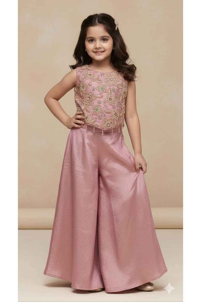 Dusty Rose Embroidered Crop Top with Palazzo Pants for Girls