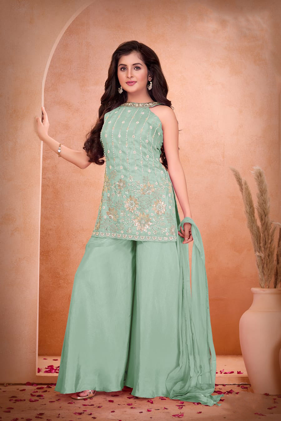 Mint Green Embroidered Halter Neck Kurti with Palazzo Pants for Girls