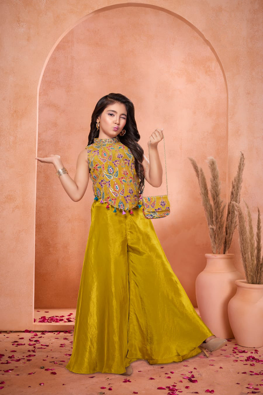 Mustard Embroidered Crop Top with Palazzo Pants for Girls