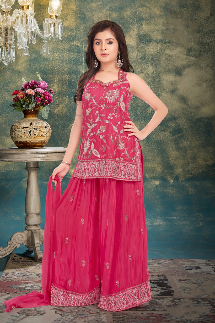 Hot Pink Embroidered Kurti with Palazzo Set for Girls