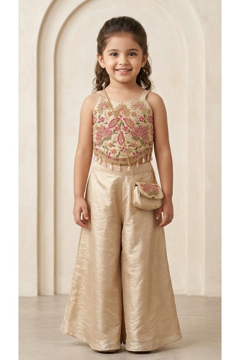 Gold Embroidered Crop Top with Palazzo Pants for Girls