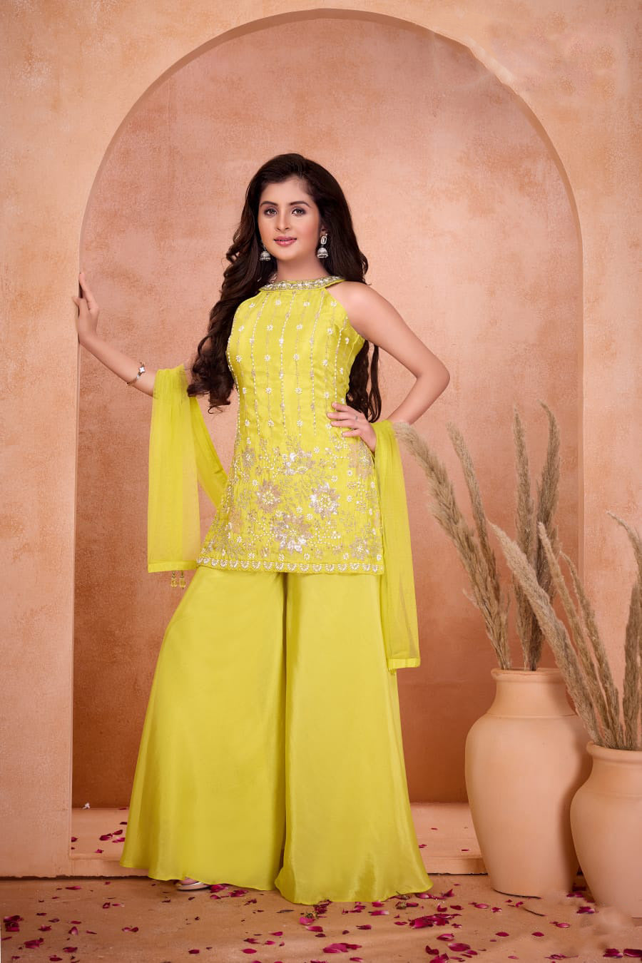 Lime Yellow Embroidered Halter Neck Kurti with Palazzo Pants for Girls