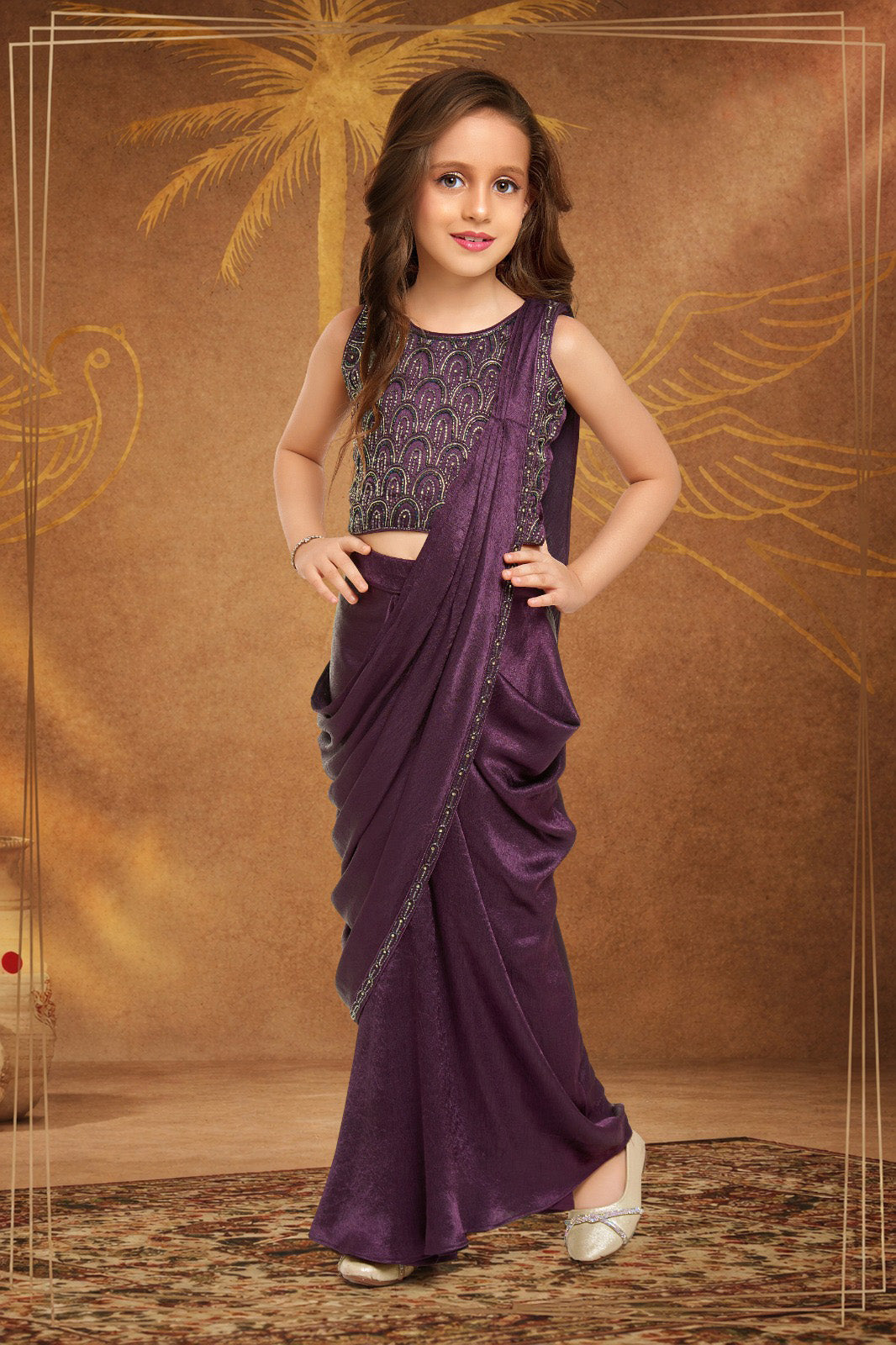 Purple Embroidered Ready-to-Wear Saree with Blouse for Girls