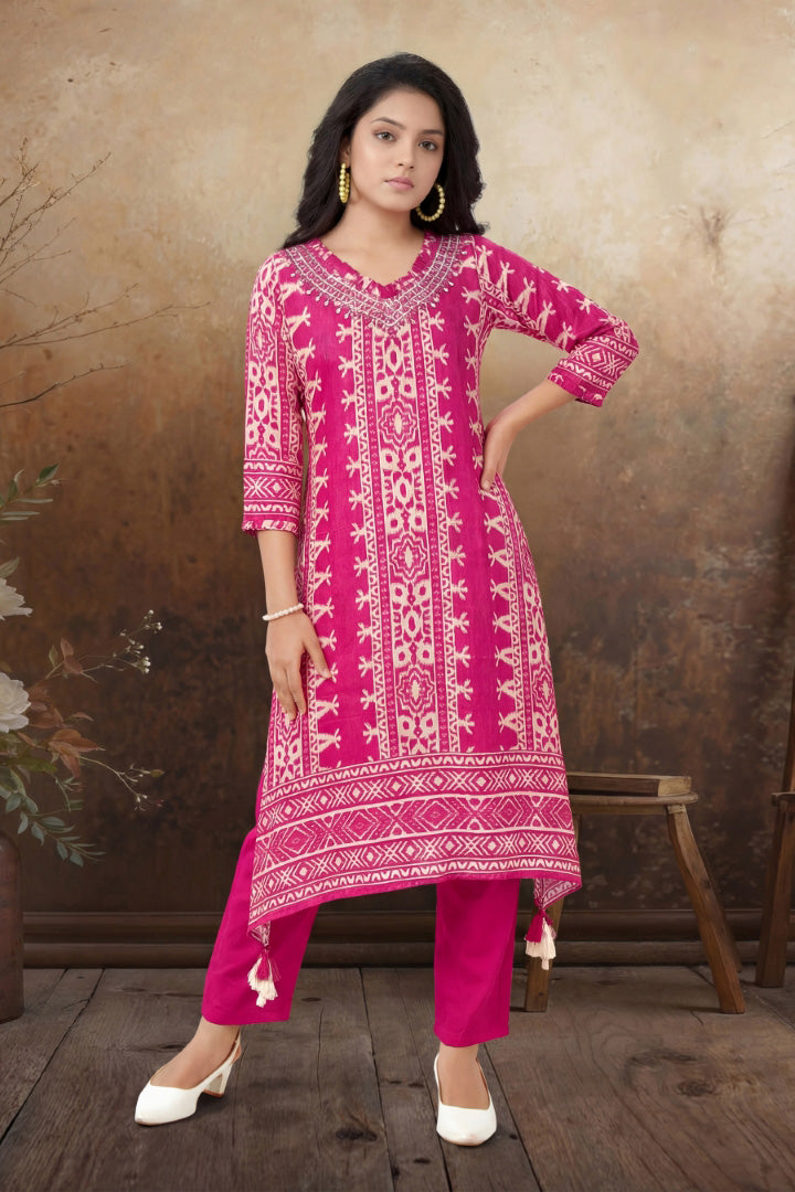 Pink Ikat Print Embroidered Kurti & Pants Set for Girls
