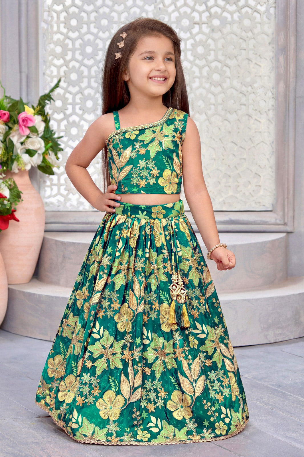 Teal Floral Printed & Embroidered Lehenga Choli for Girls