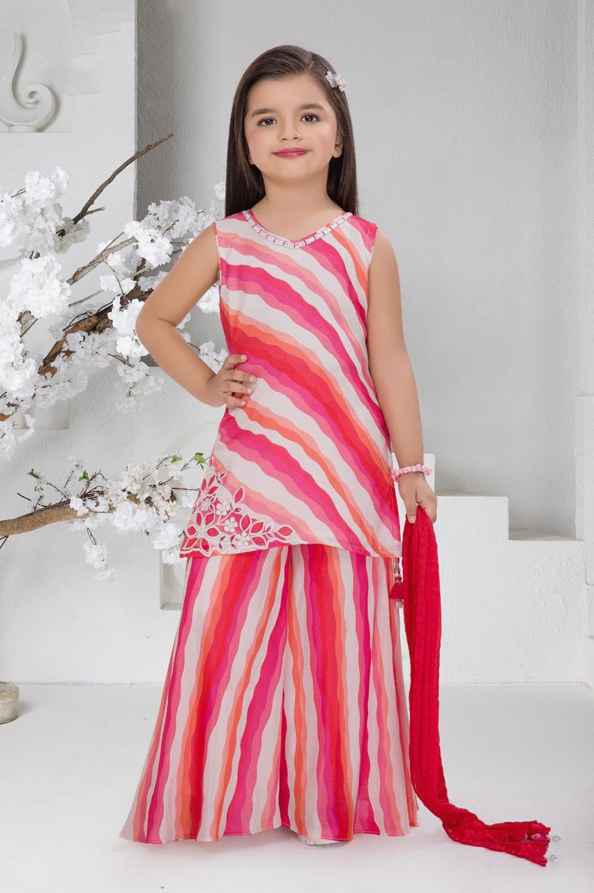 Pink Multicolour Diagonal Stripe Cutwork Kurti & Sharara Set for Girls