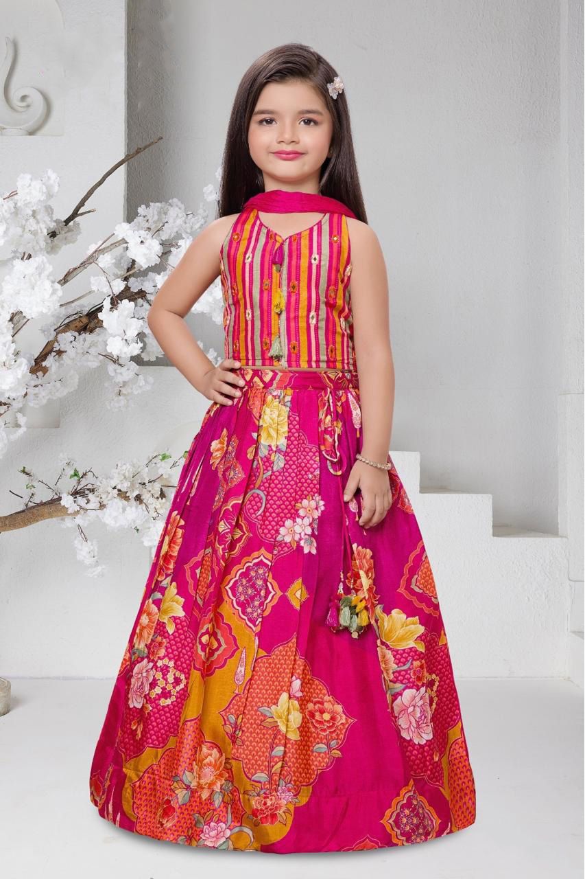 Pink Multicolour Printed Stripe Choli & Floral Lehenga Set for Girls