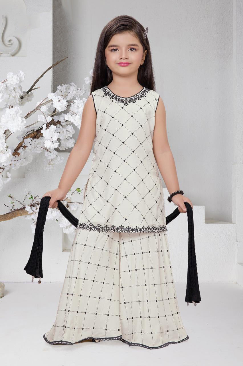 Ivory & Black Diamond Print Embroidered Kurti & Sharara Set for Girls