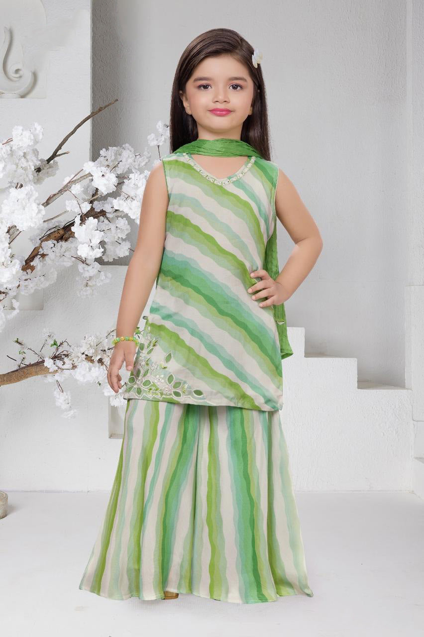 Green Multicolour Diagonal Stripe Cutwork Kurti & Sharara Set for Girls