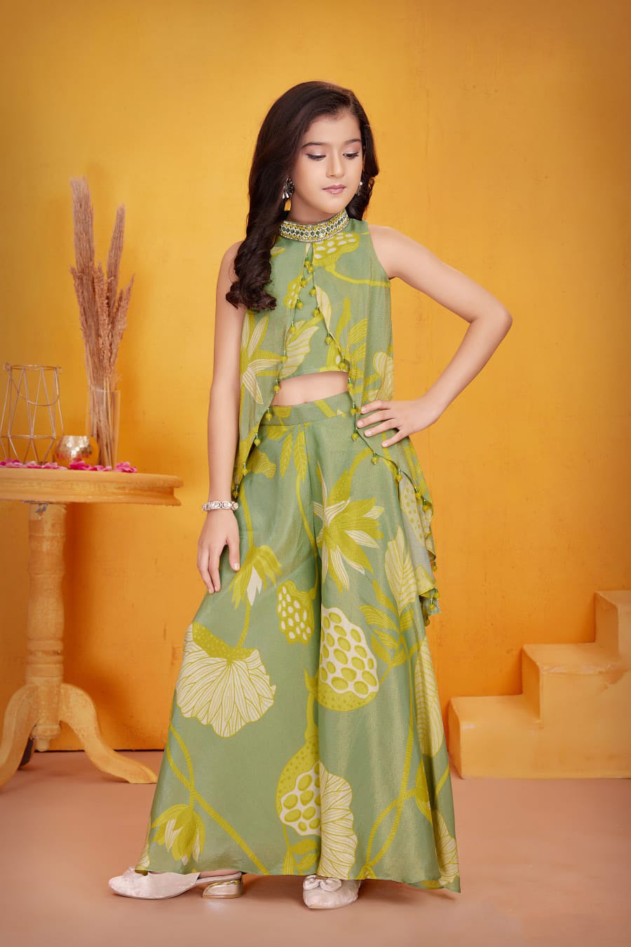 Sage Green Tropical Print Draped Top & Palazzo Set for Girls